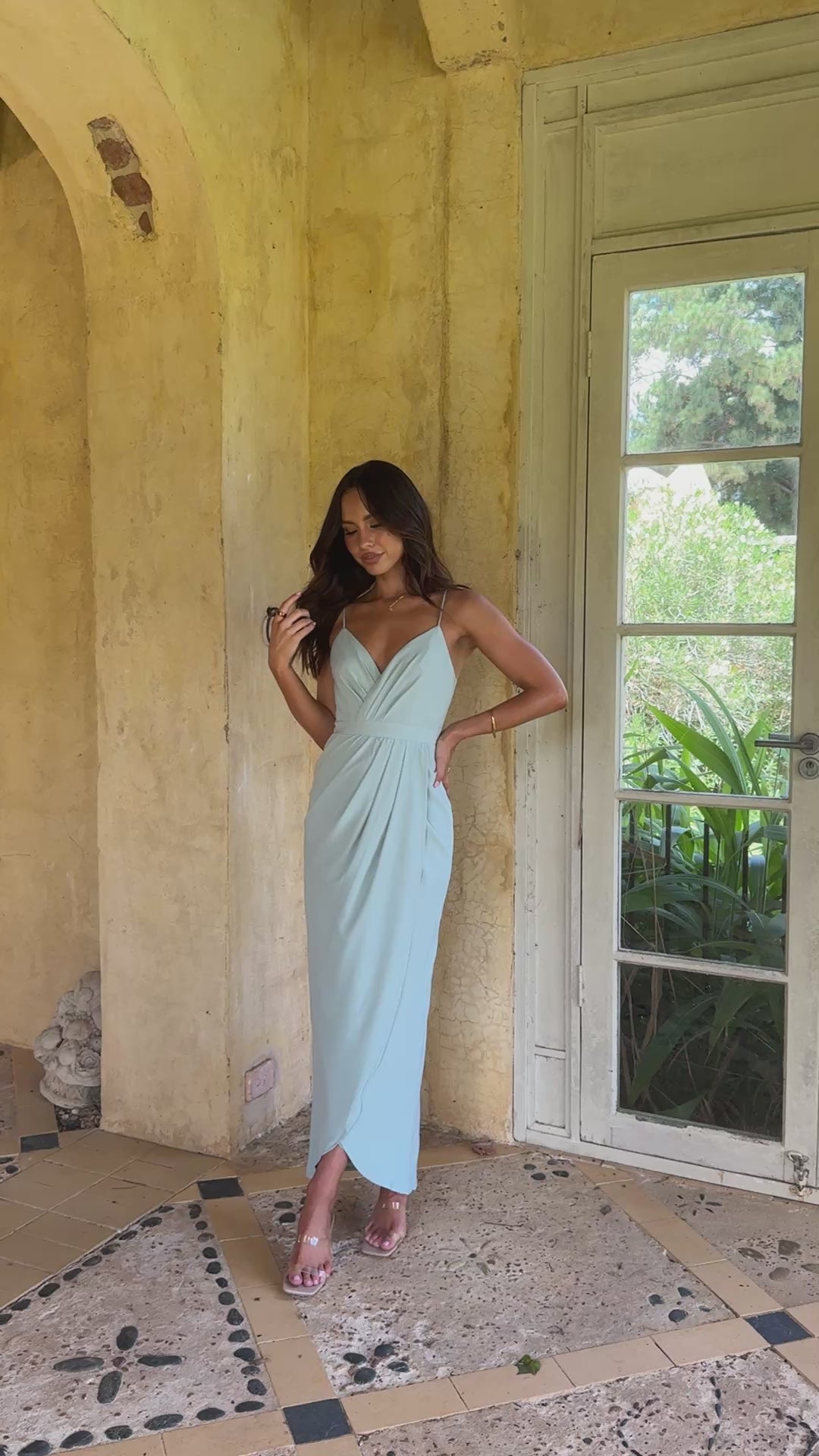 Load video: Charlotte Draped Maxi Dress - Sage - Billy J