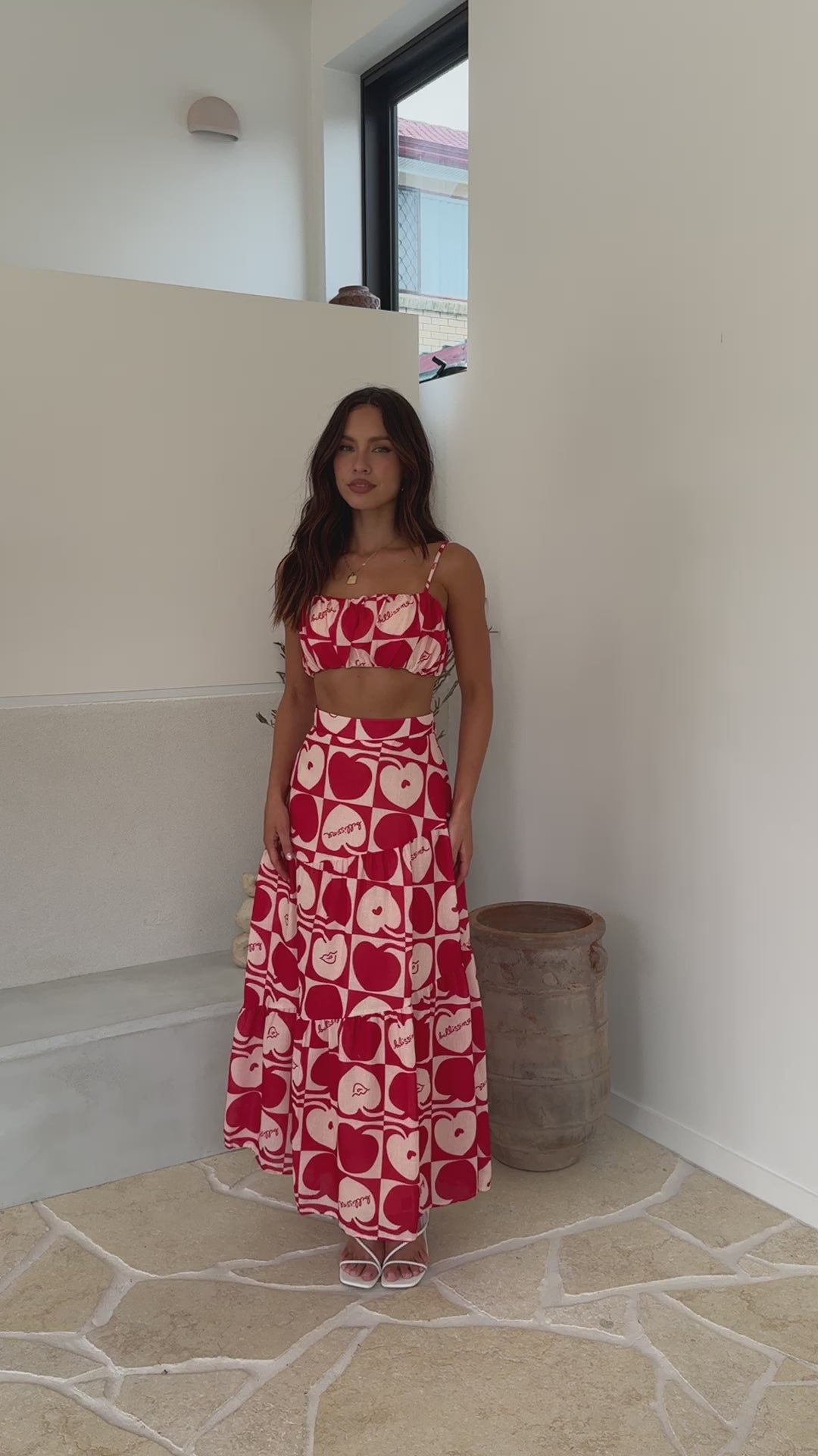 Load video: Saraya Top and Skirt Set - Red / White - Billy J