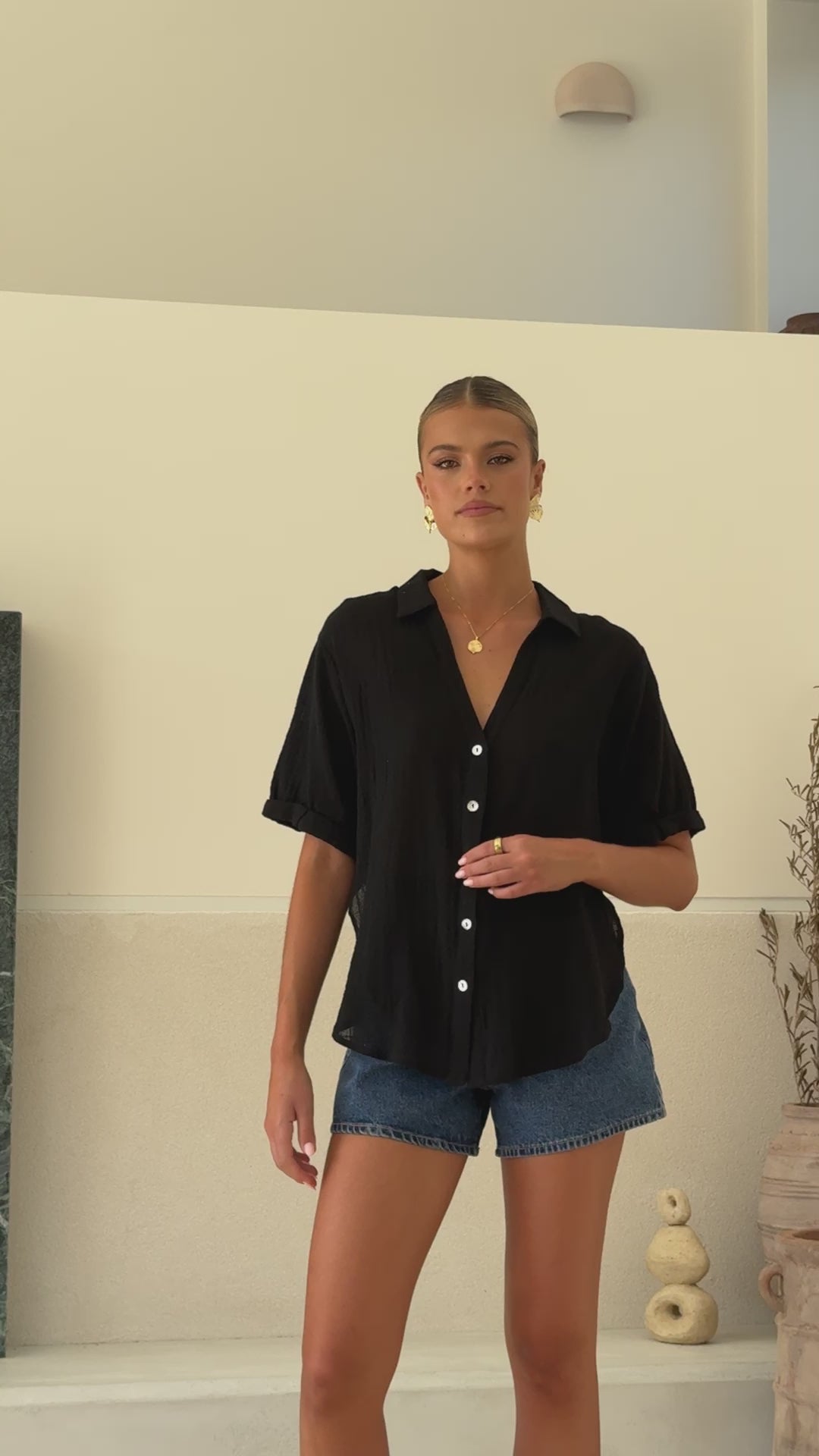 Load video: Jaime Button Up Shirt - Black - Billy J
