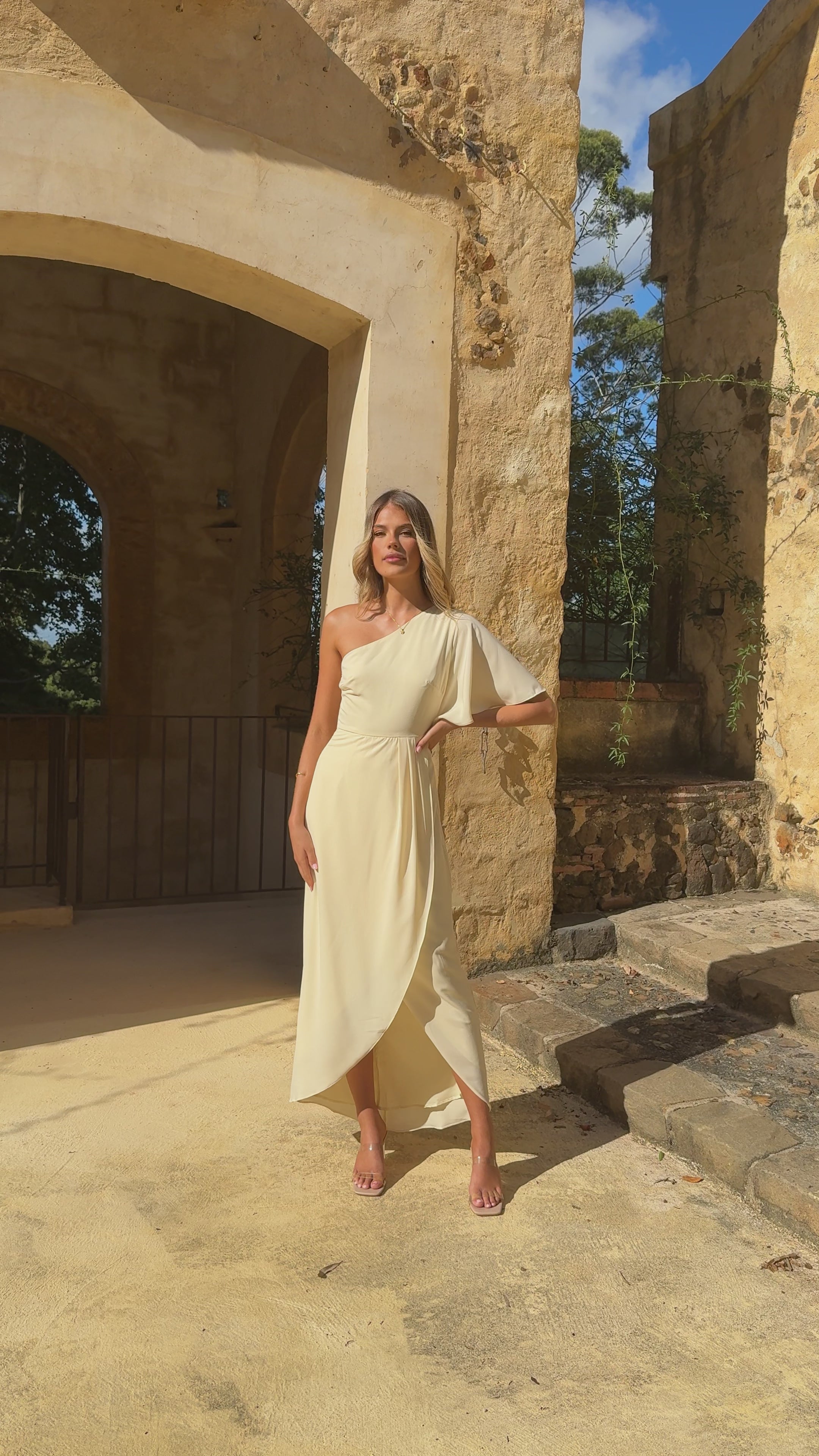 Load video: Emma One Sleeve Maxi Dress - Yellow - Billy J