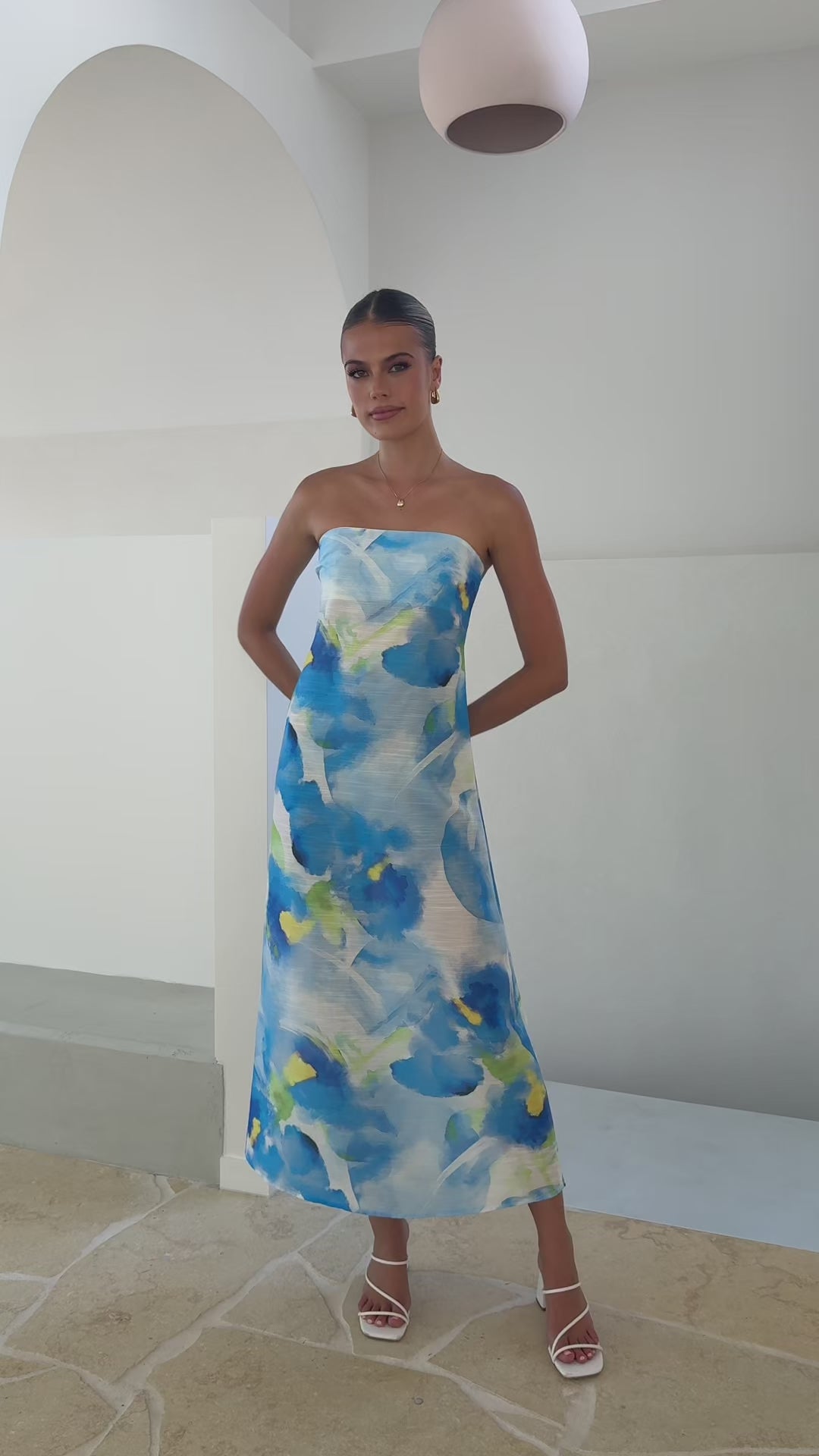 Load video: Nora Strapless Maxi Dress - Blue Floral - Billy J
