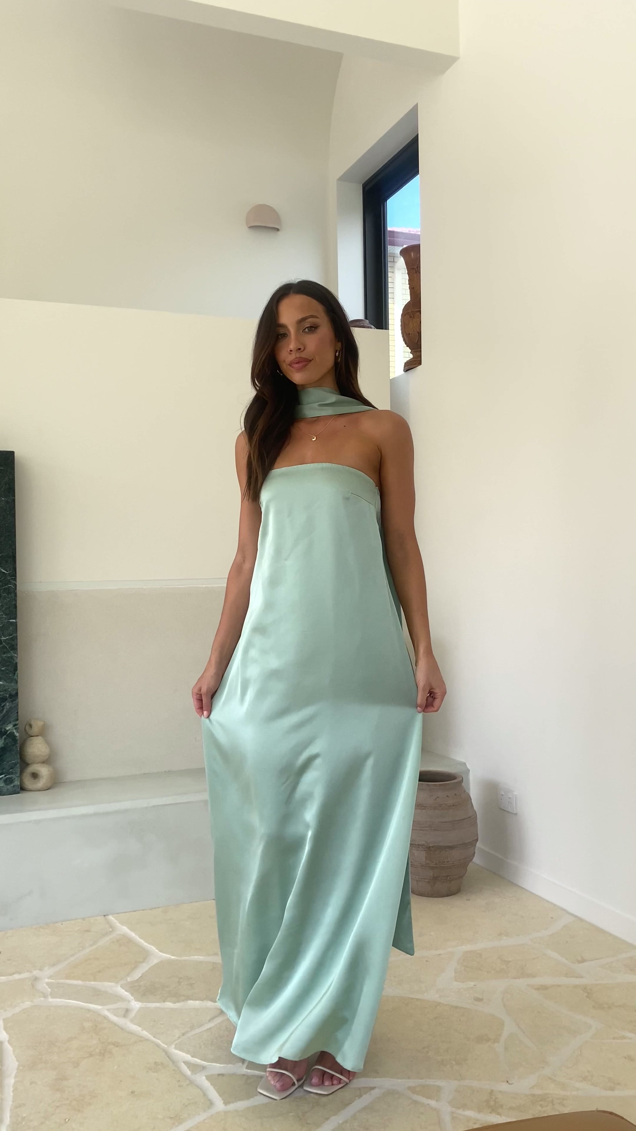Load video: Caitie Strapless Scarf Maxi Dress - Sage - Billy J