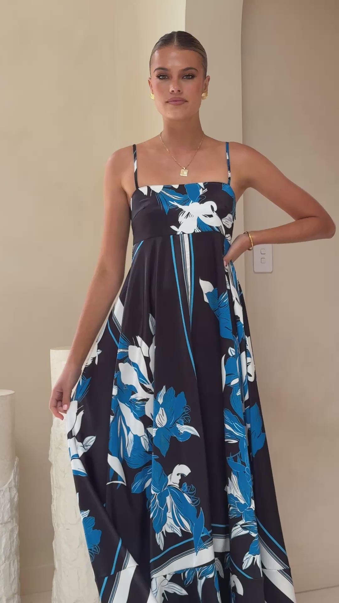 Load video: Kaethe Maxi Dress - Black/Blue - Billy J