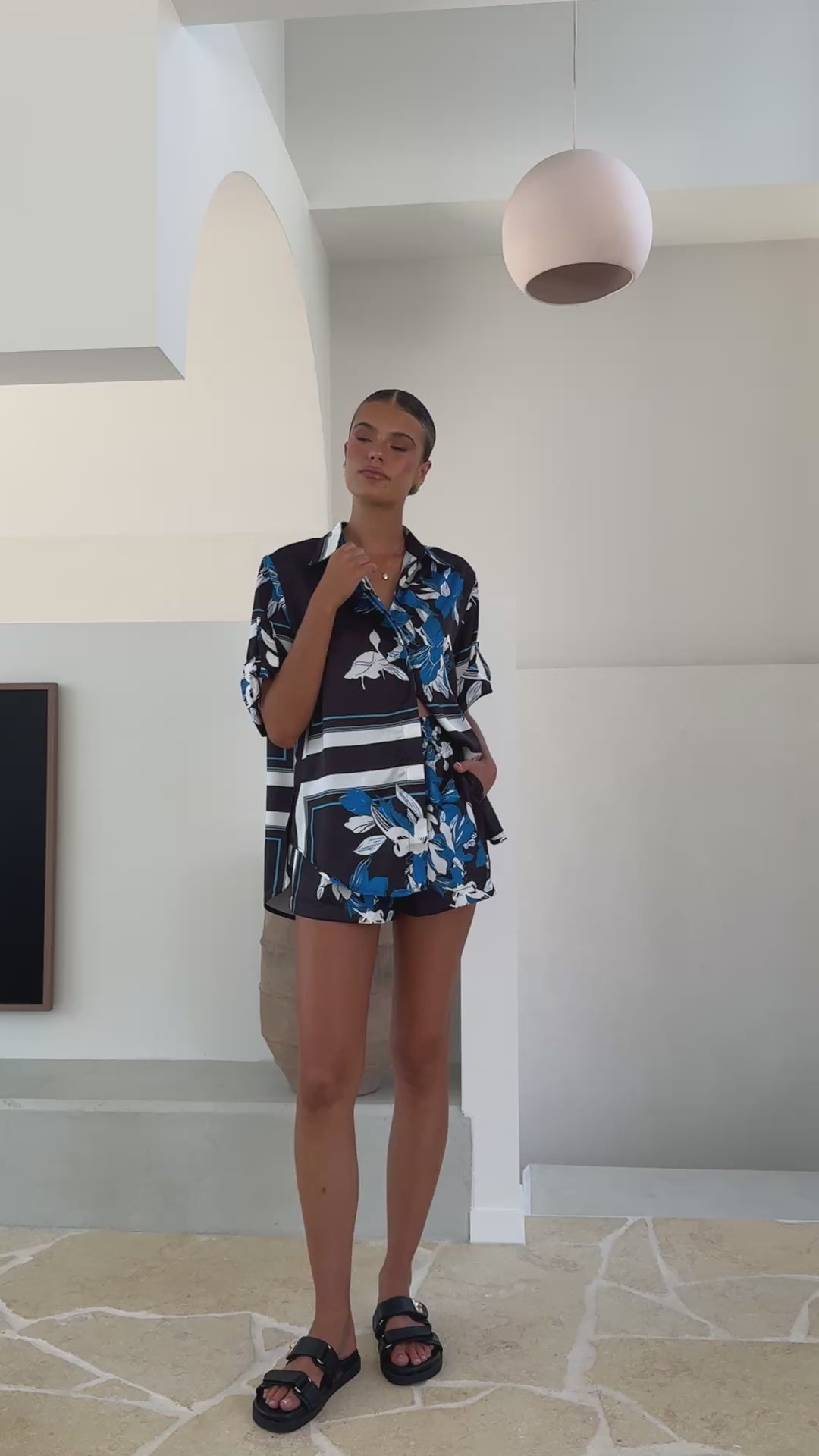 Load video: Vallerie Button Up Shirt - Black/Blue Print - Billy J