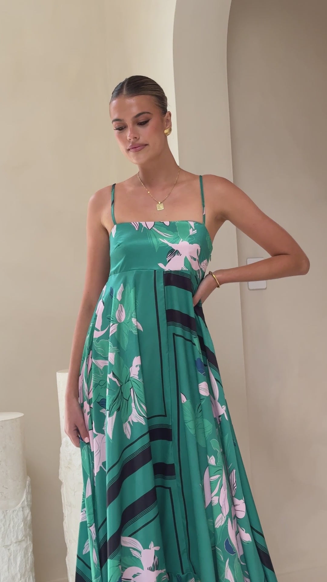 Load video: Kaethe Maxi Dress - Green/Pink - Billy J