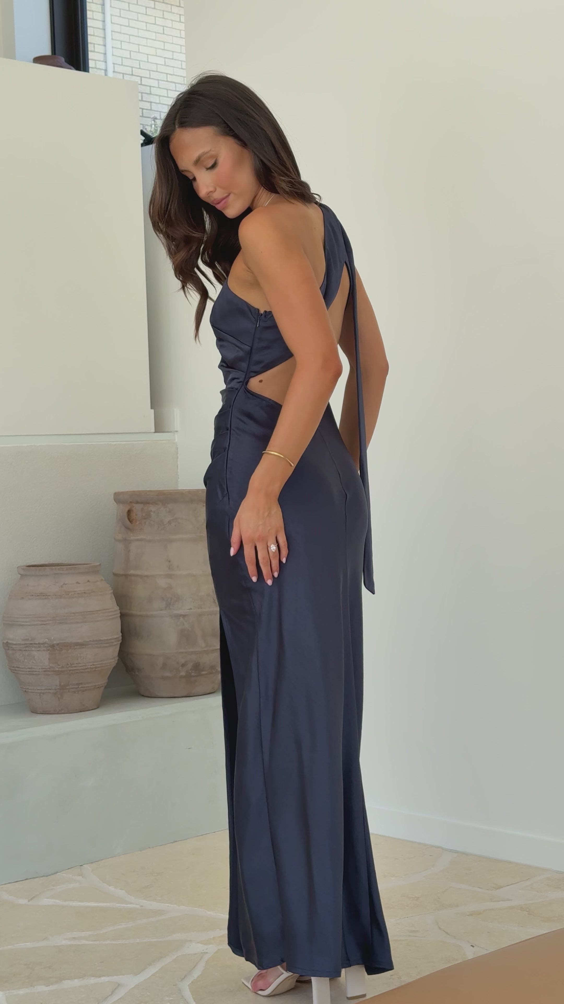 Load video: Halle One Shoulder Maxi Dress - Navy - Billy J
