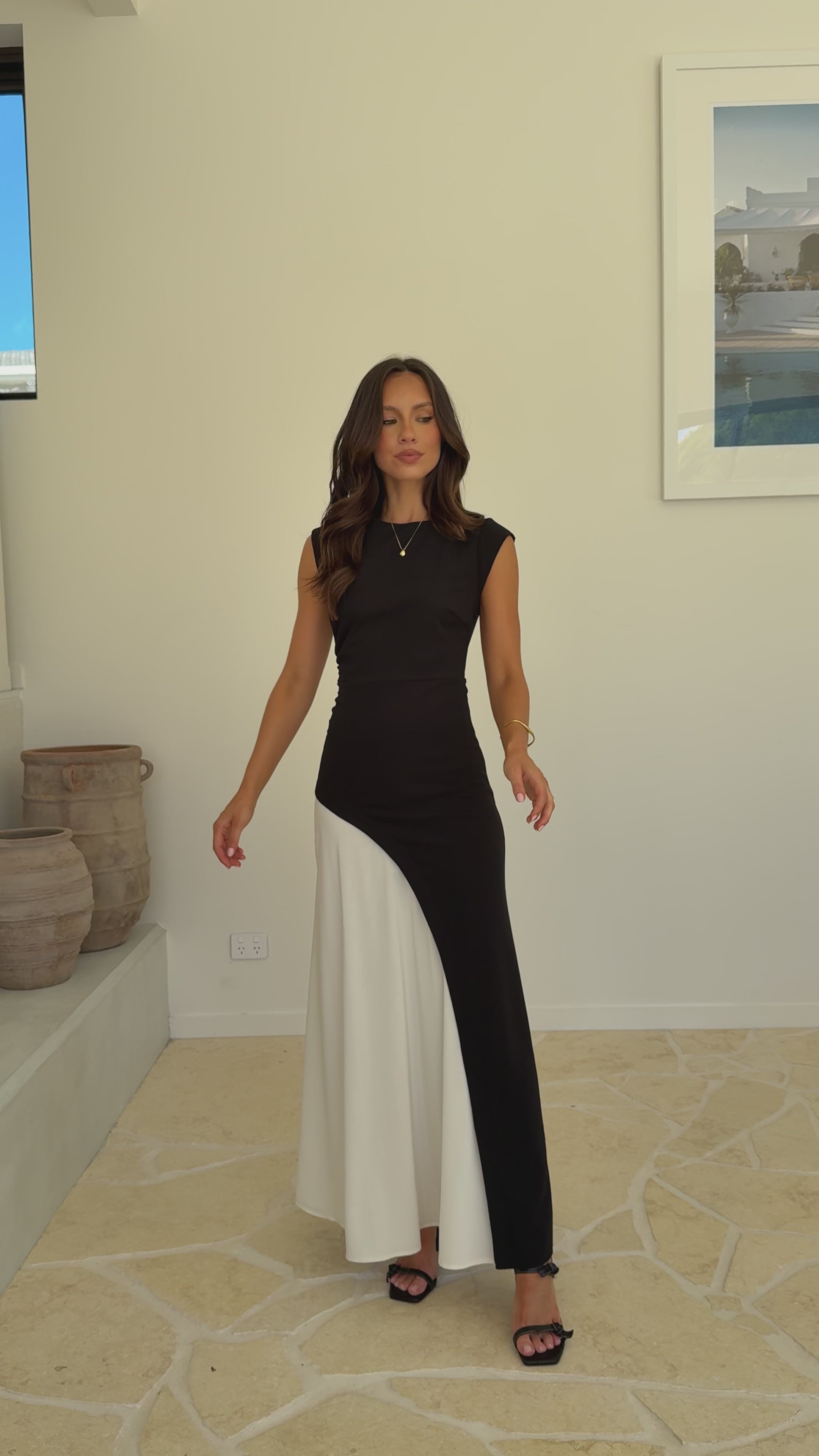 Load video: Charlotte Contrast Midi Dress - Black/White - Billy J