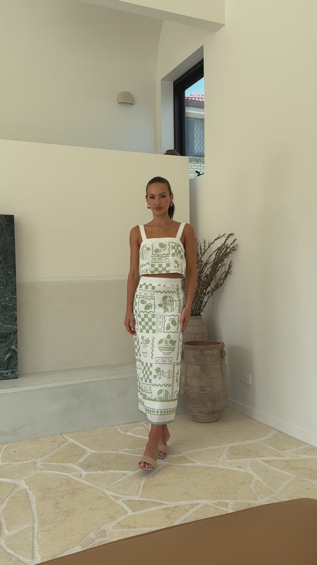 Load video: Sakiko Top and Midi Skirt Set - Green / White - Billy J