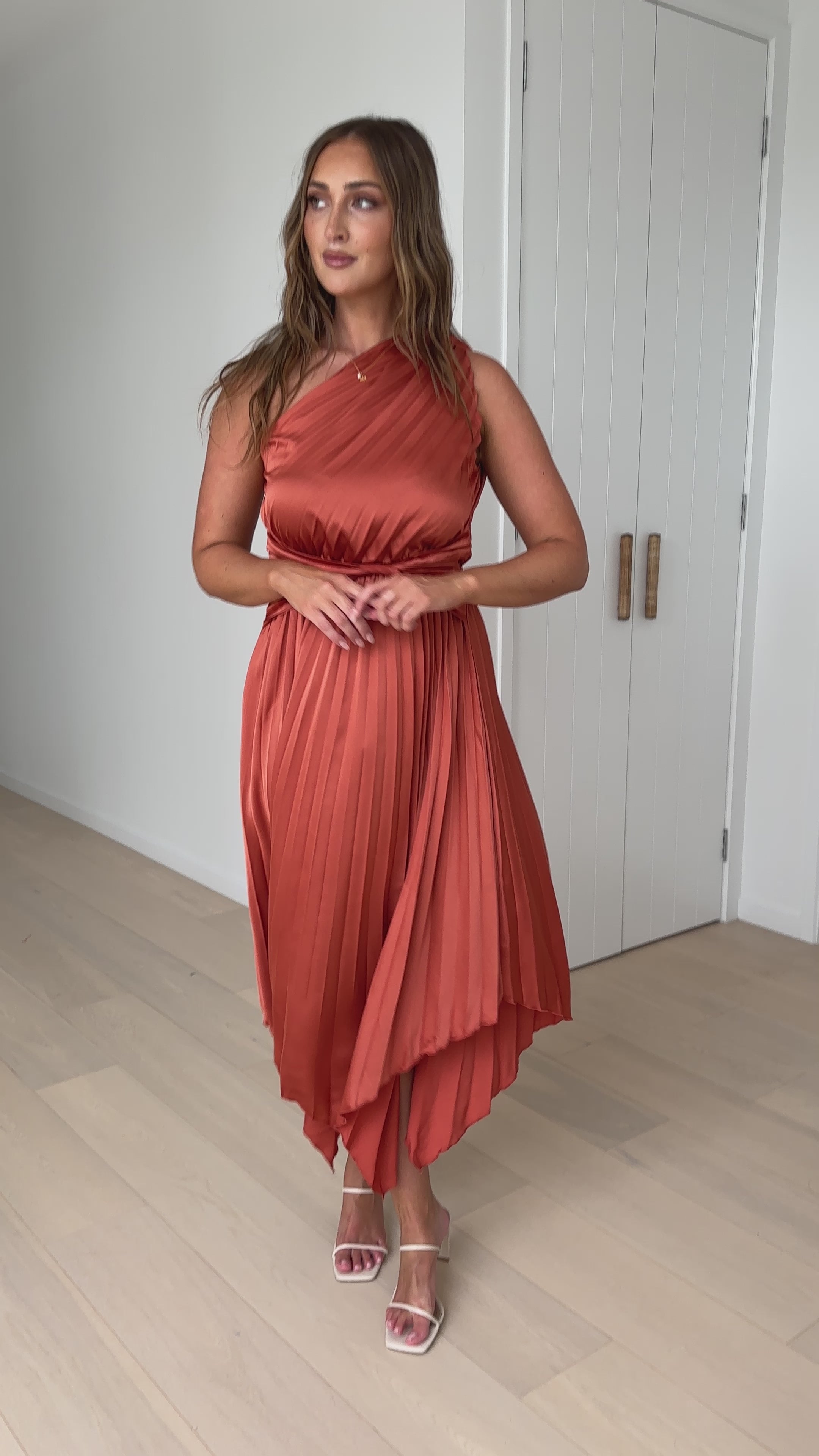 Load video: Cali One Shoulder Midi Dress - Copper - Billy J