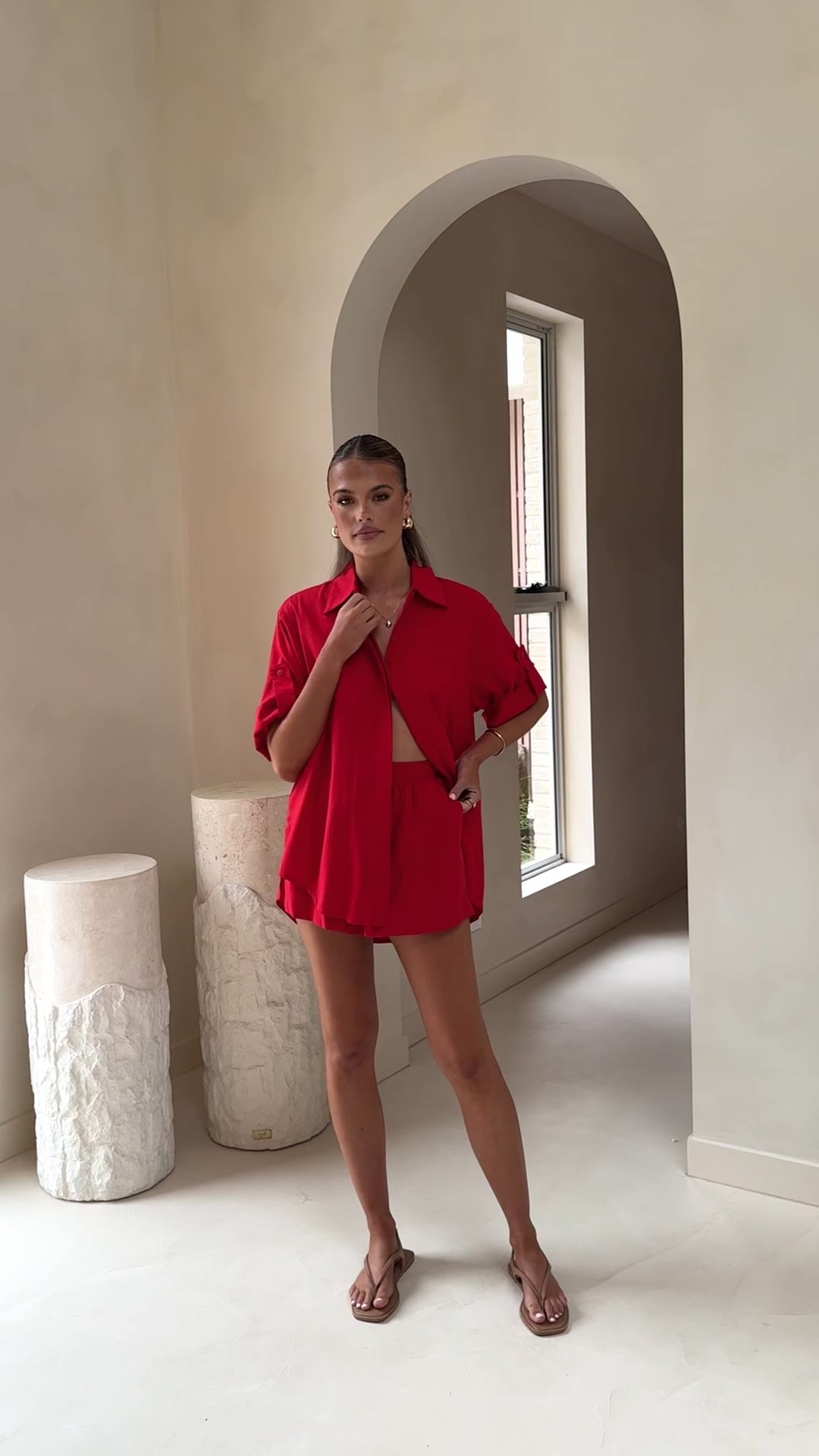 Load video: Vallerie Button Up Shirt - Red - Billy J