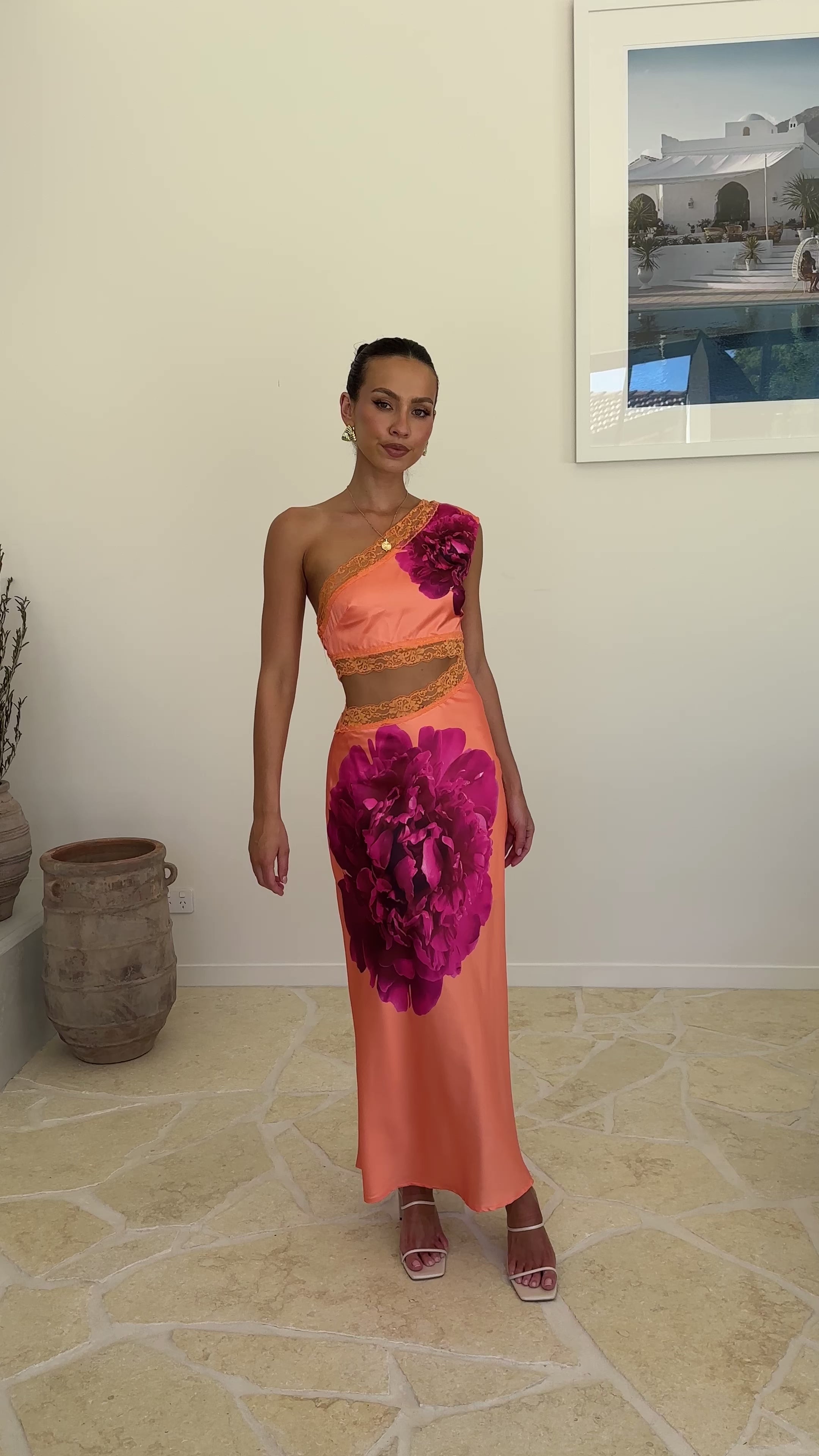 Load video: Emily One Shoulder Maxi Dress - Orange / Pink - Billy J