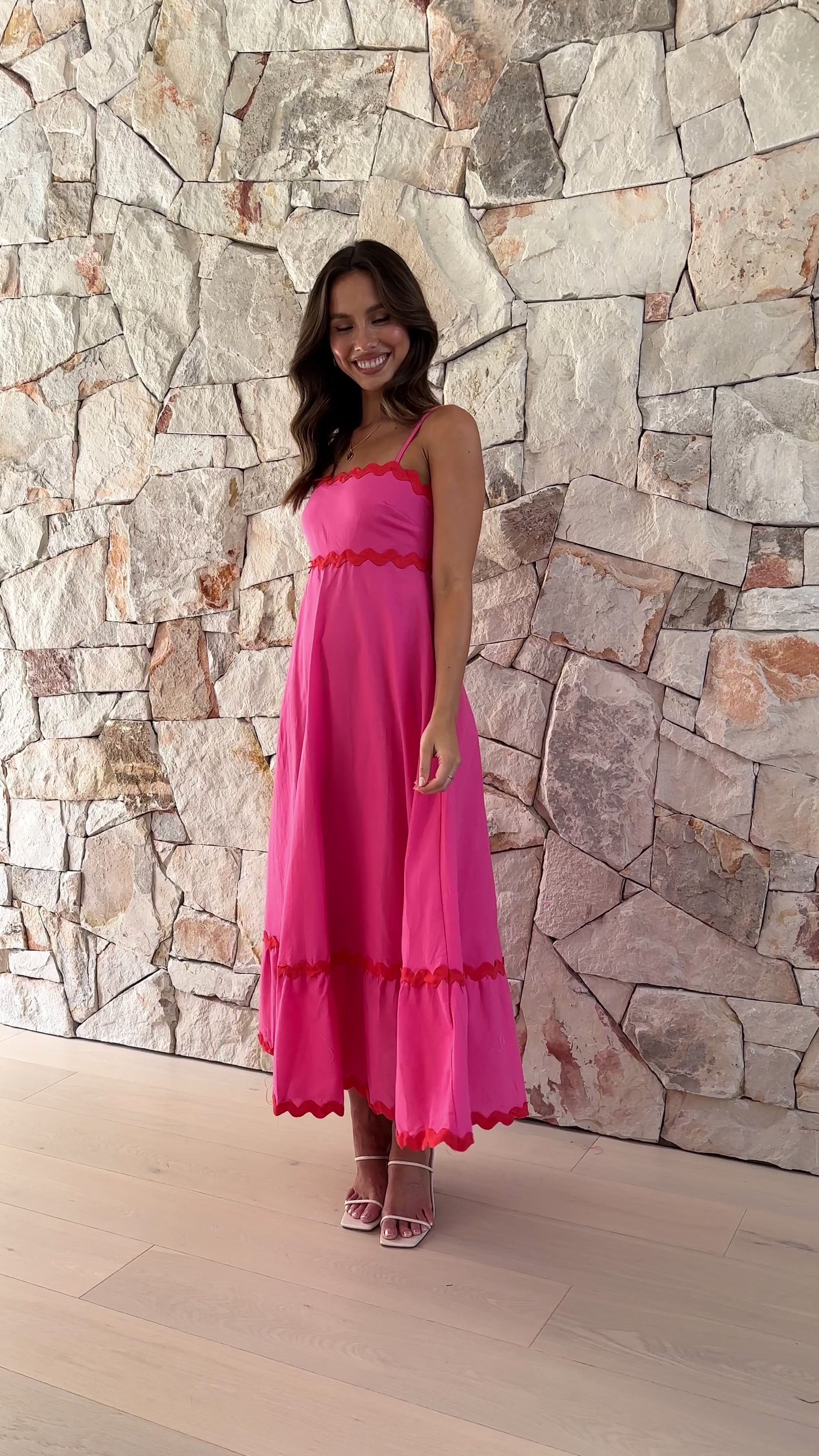 Load video: Brodey Midi Dress - Pink / Red - Billy J