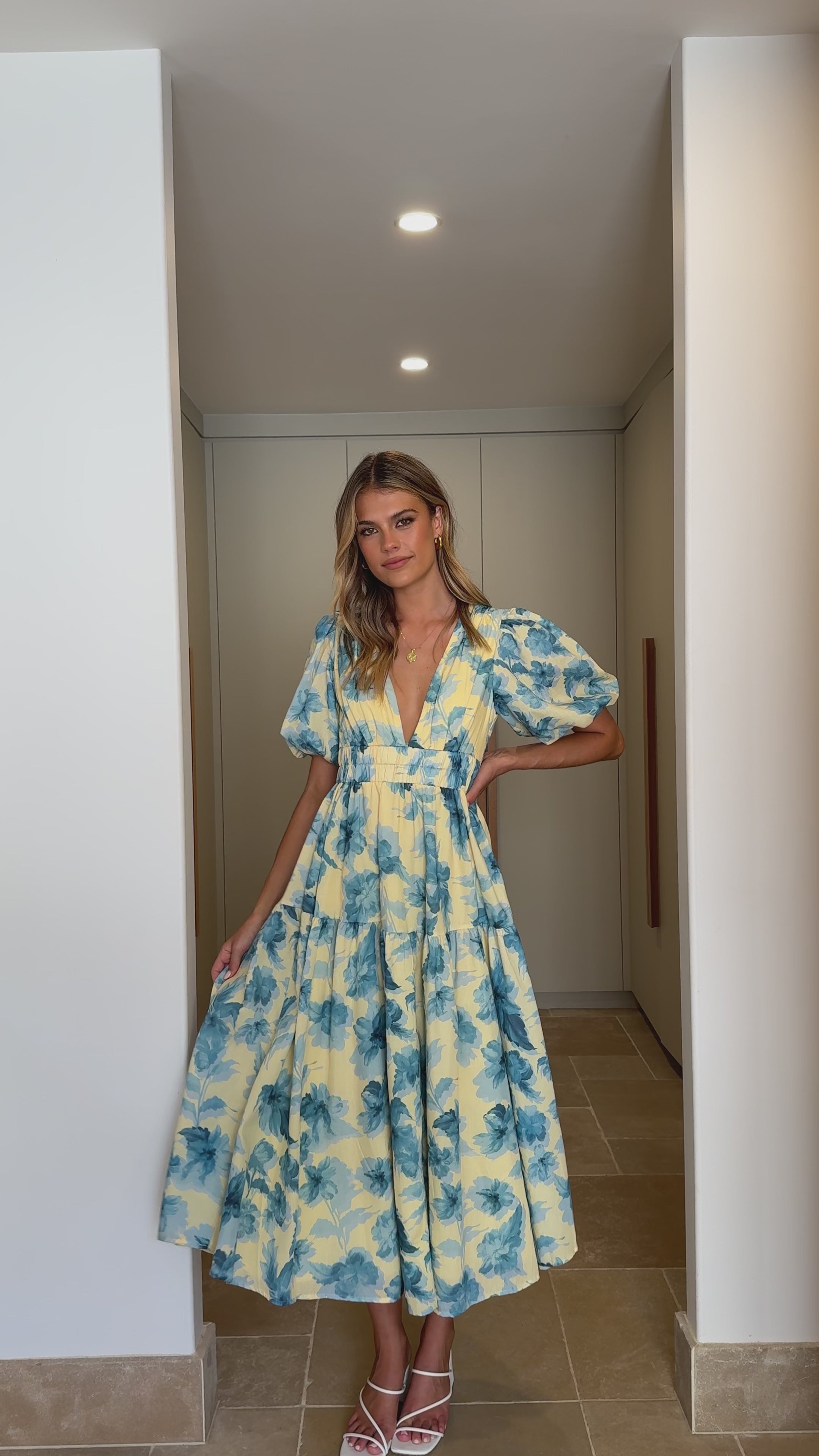 Load video: Erin Midi Dress - Yellow / Blue Floral - Billy J