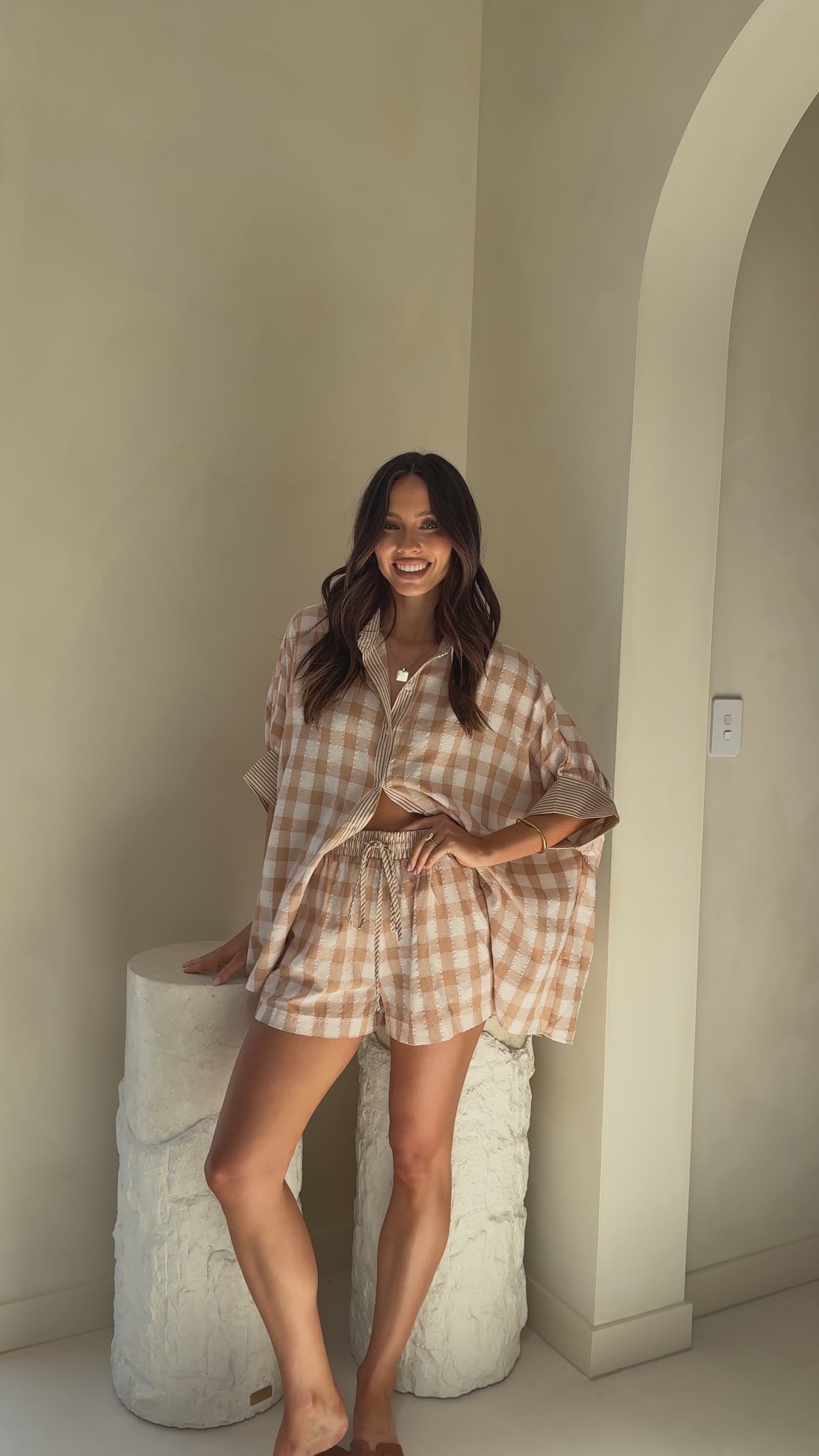 Load video: Mahalie Button Up Top - Beige Check - Billy J