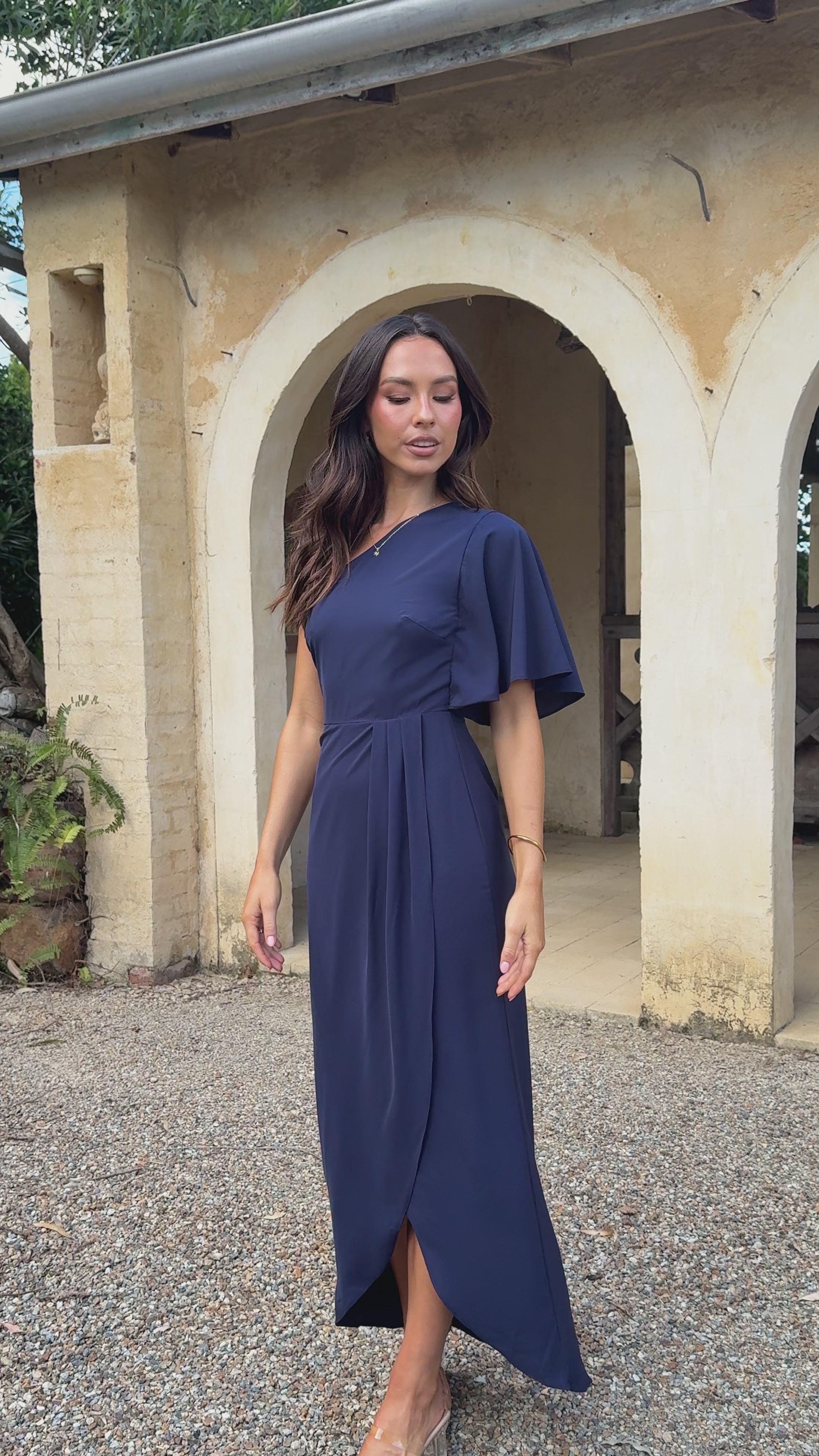 Load video: Emma One Sleeve Maxi Dress - Navy - Billy J