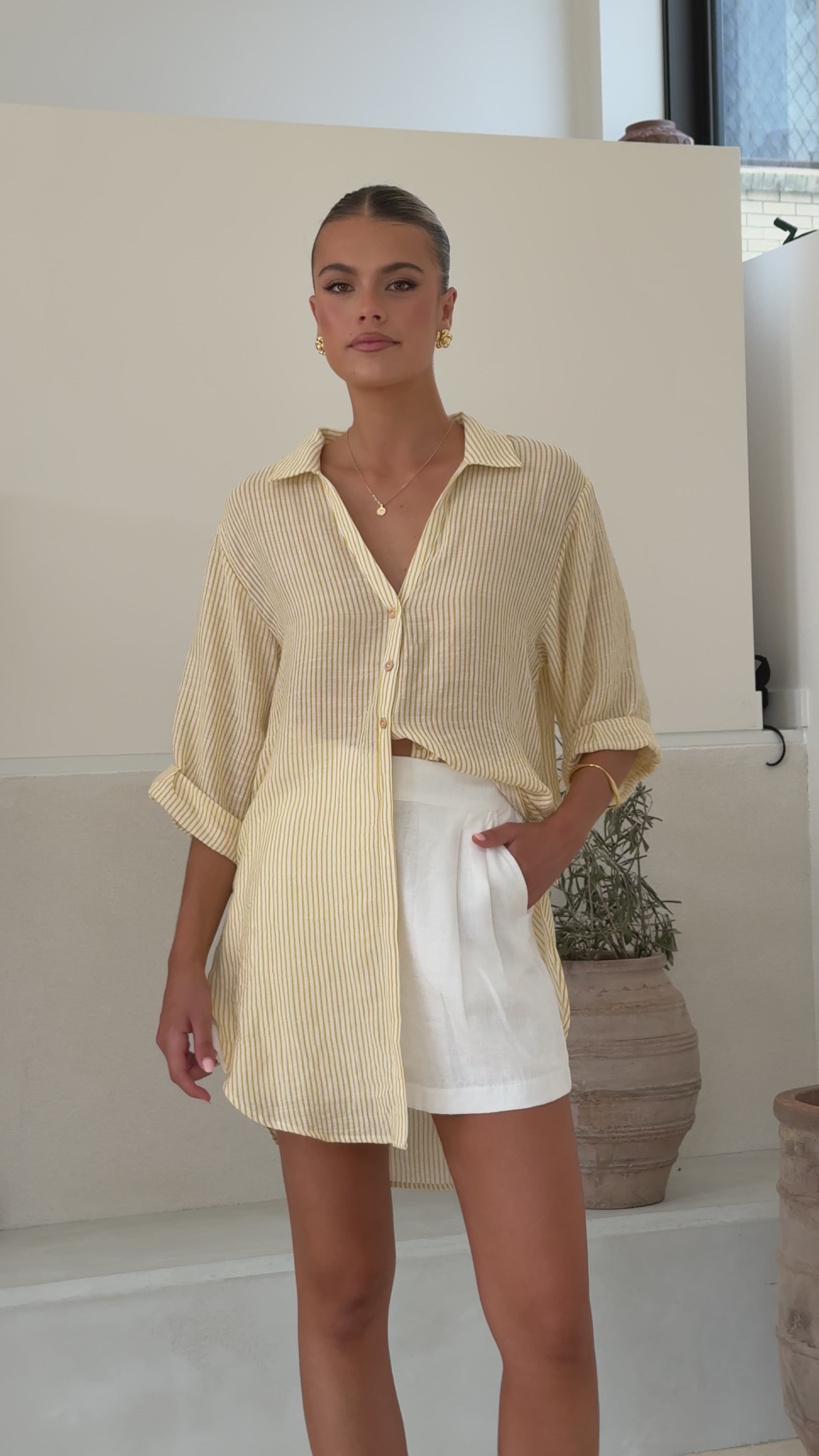 Load video: Lucia Shirt - Yellow/White Stripe - Billy J
