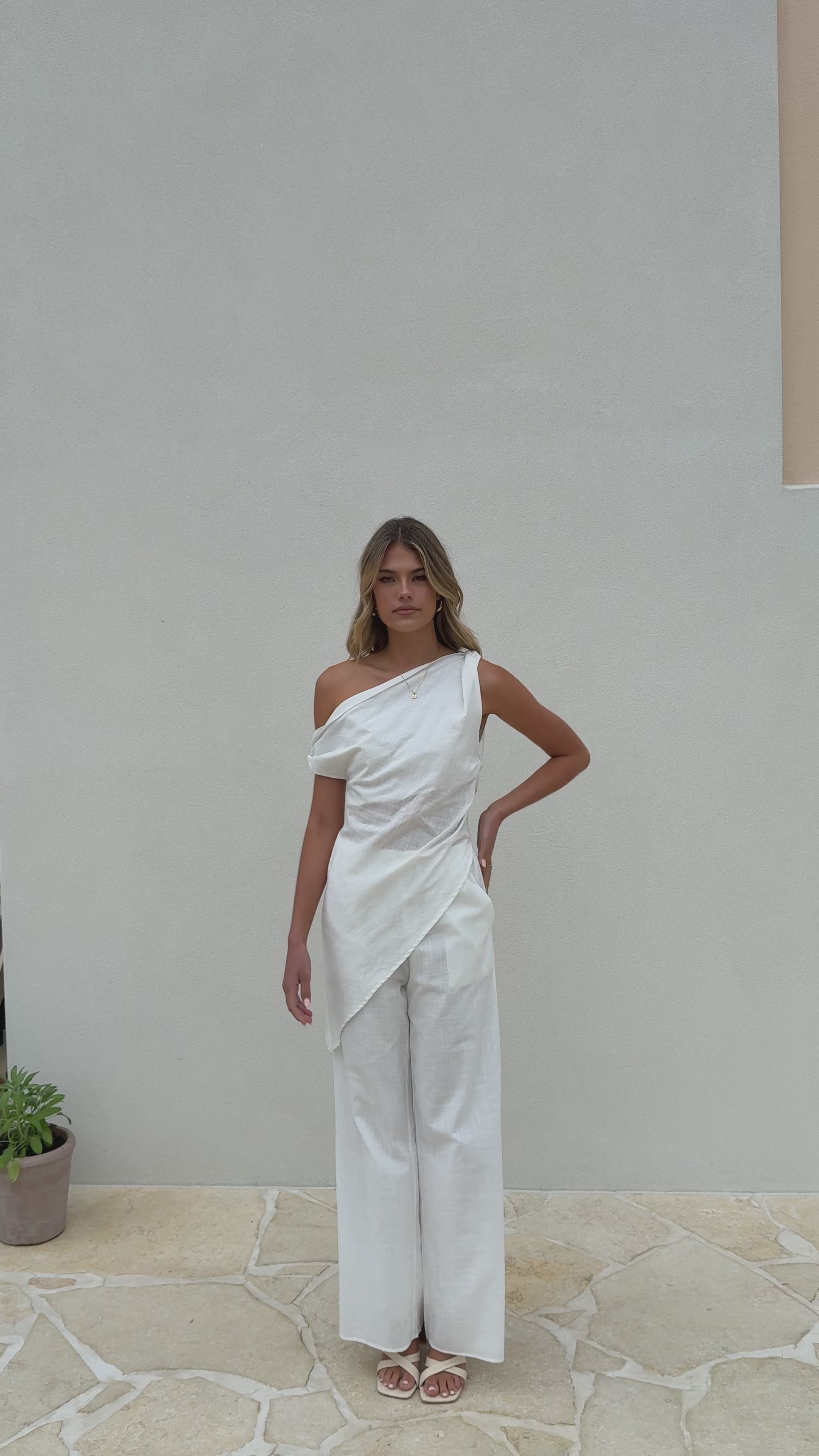 Load video: Liana Off Shoulder Top &amp; Pants Set - White - Billy J