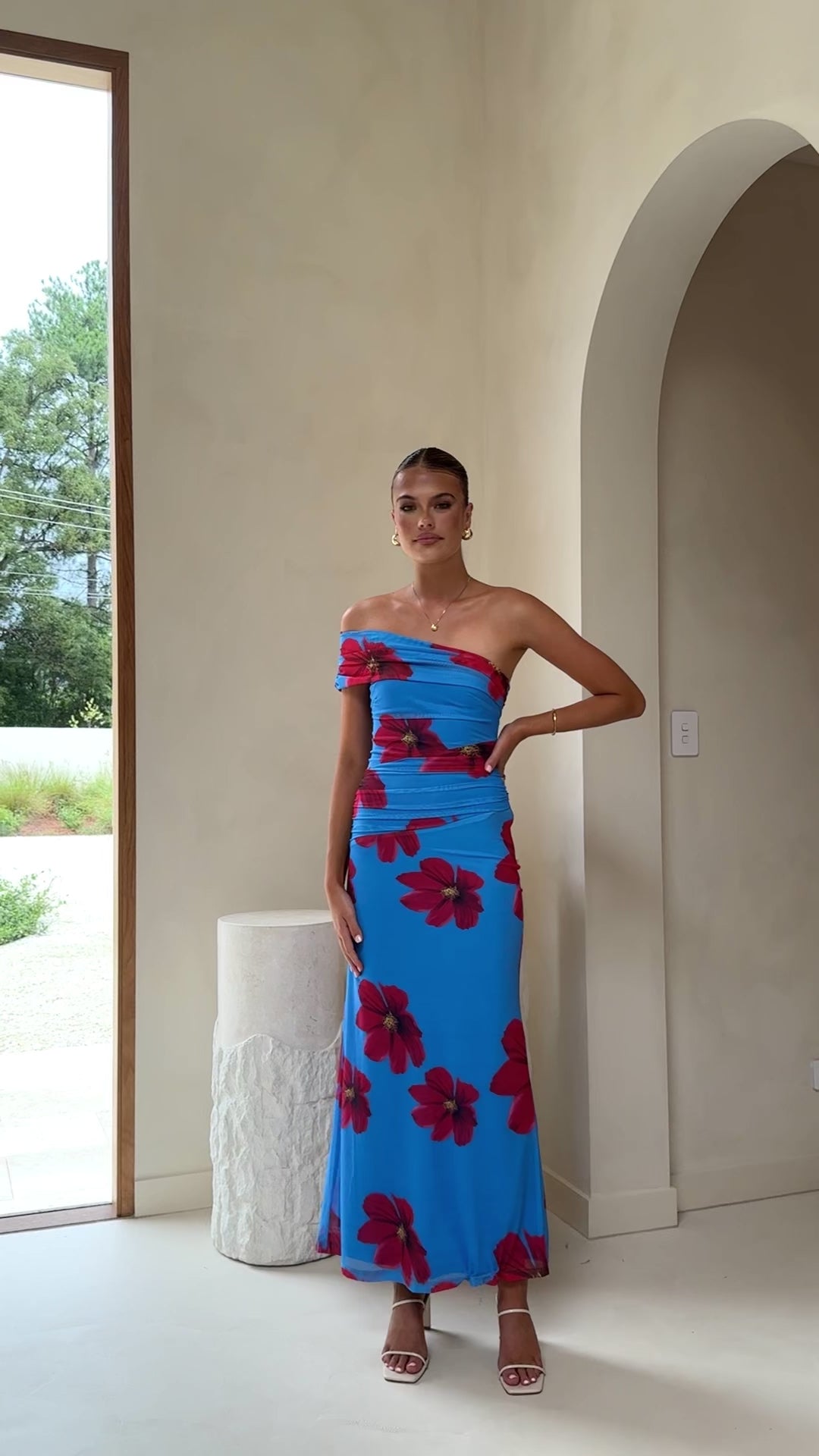 Load video: Eisa One Shoulder Maxi Dress - Blue / Red Floral - Billy J