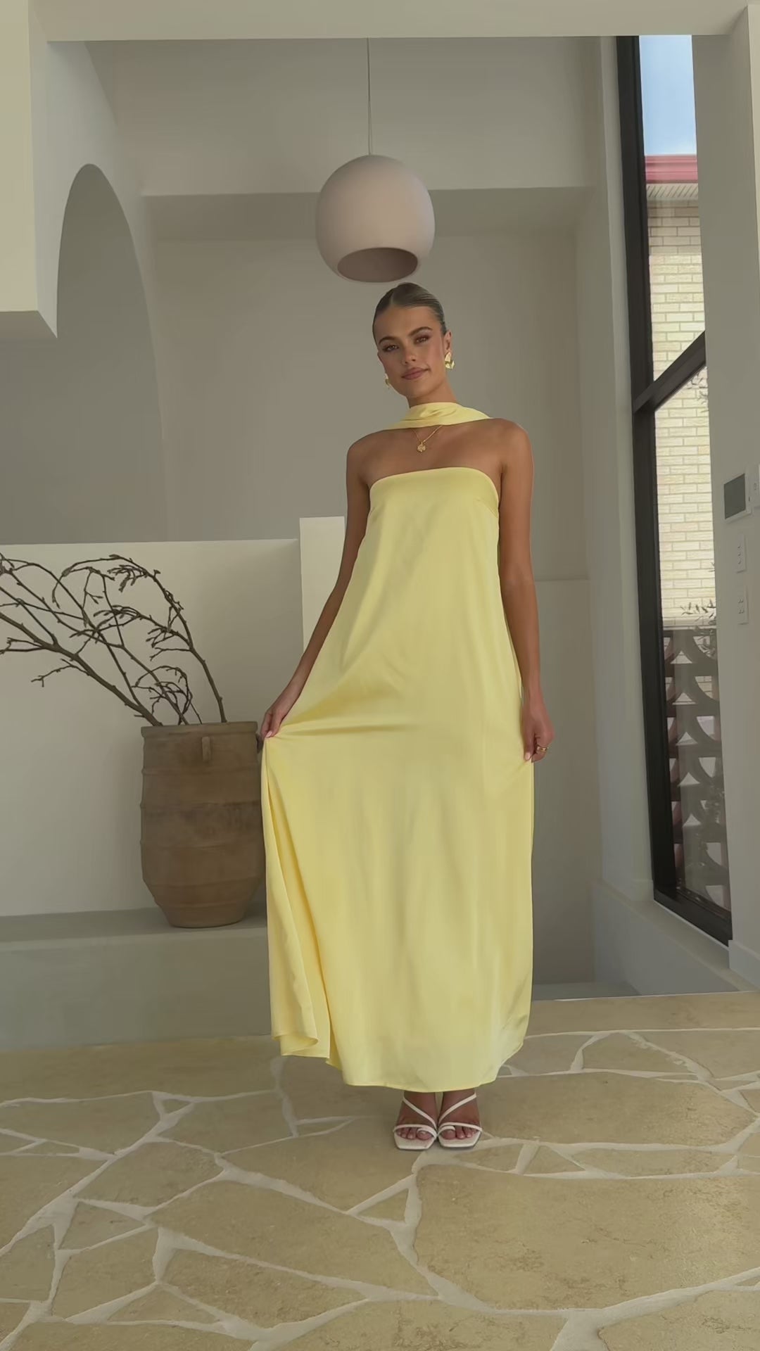 Load video: Caitie Strapless Scarf Maxi Dress - Yellow - Billy J