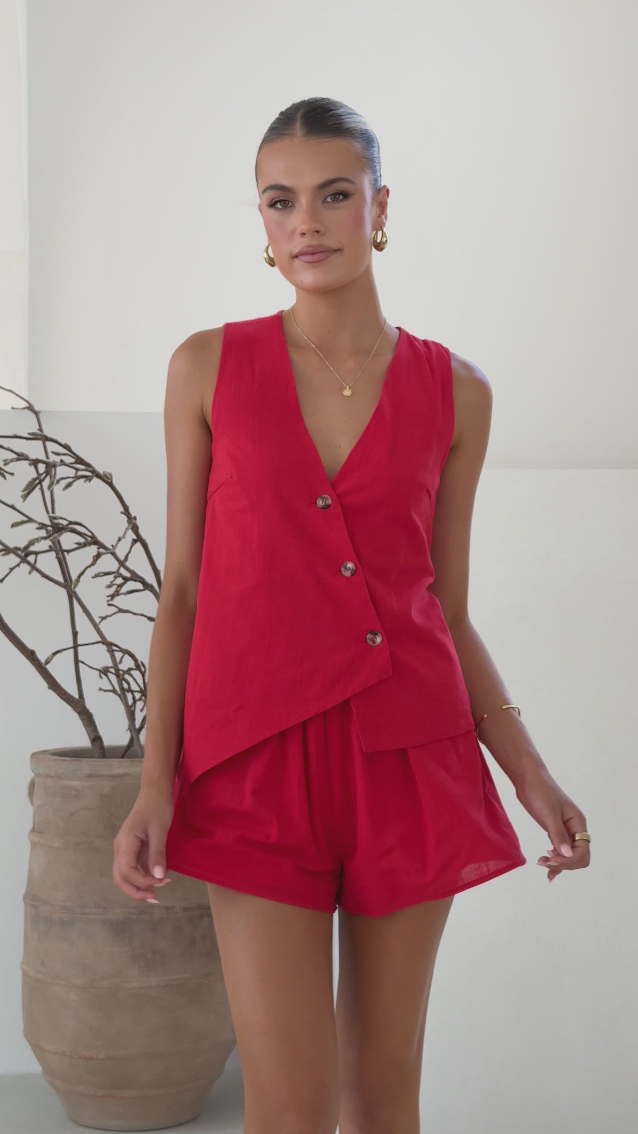 Load video: Gallia Asymmetrical Top and Shorts Set - Red - Billy J