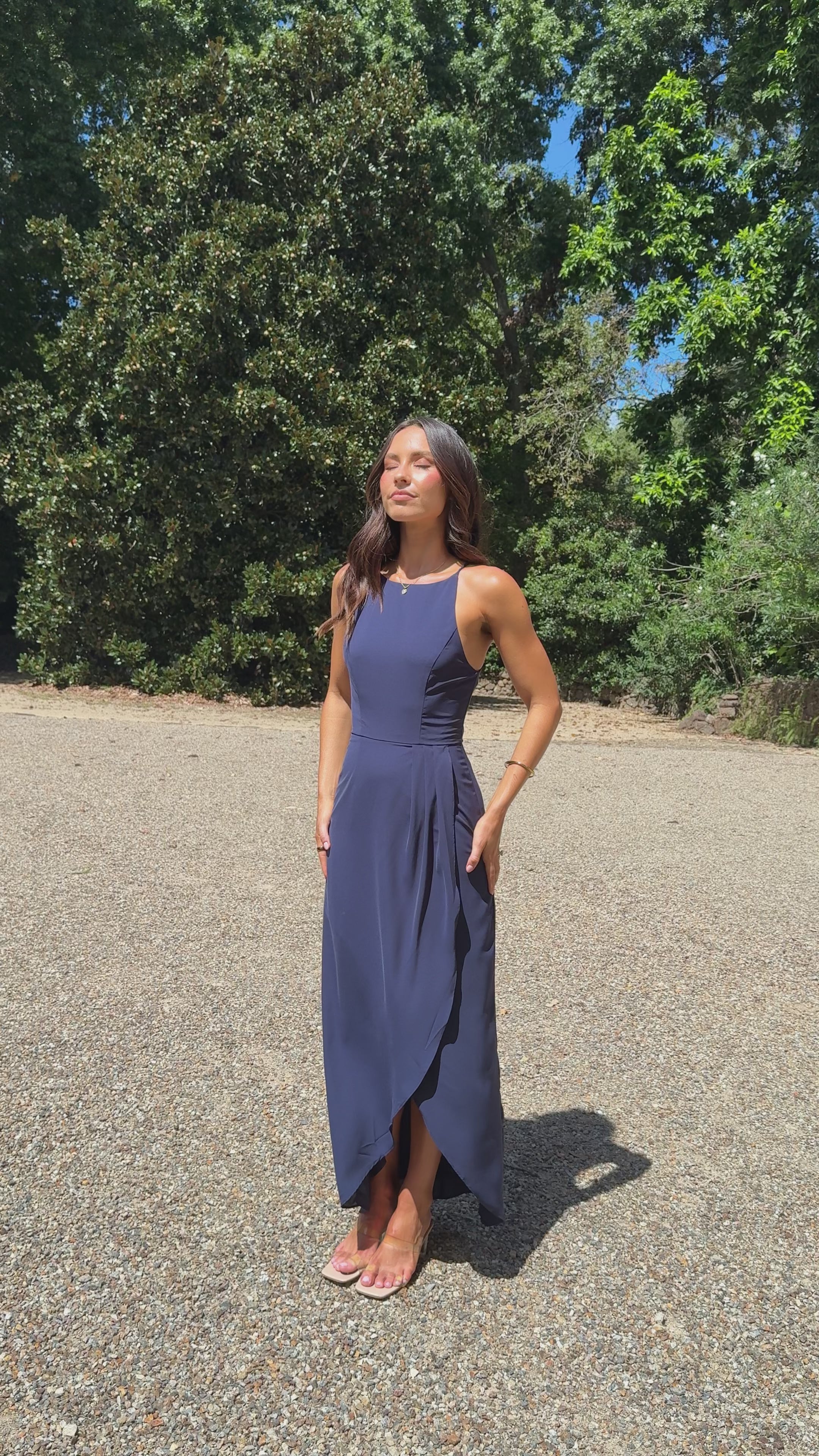 Load video: Genevieve Boat Neck Maxi Dress - Navy - Billy J