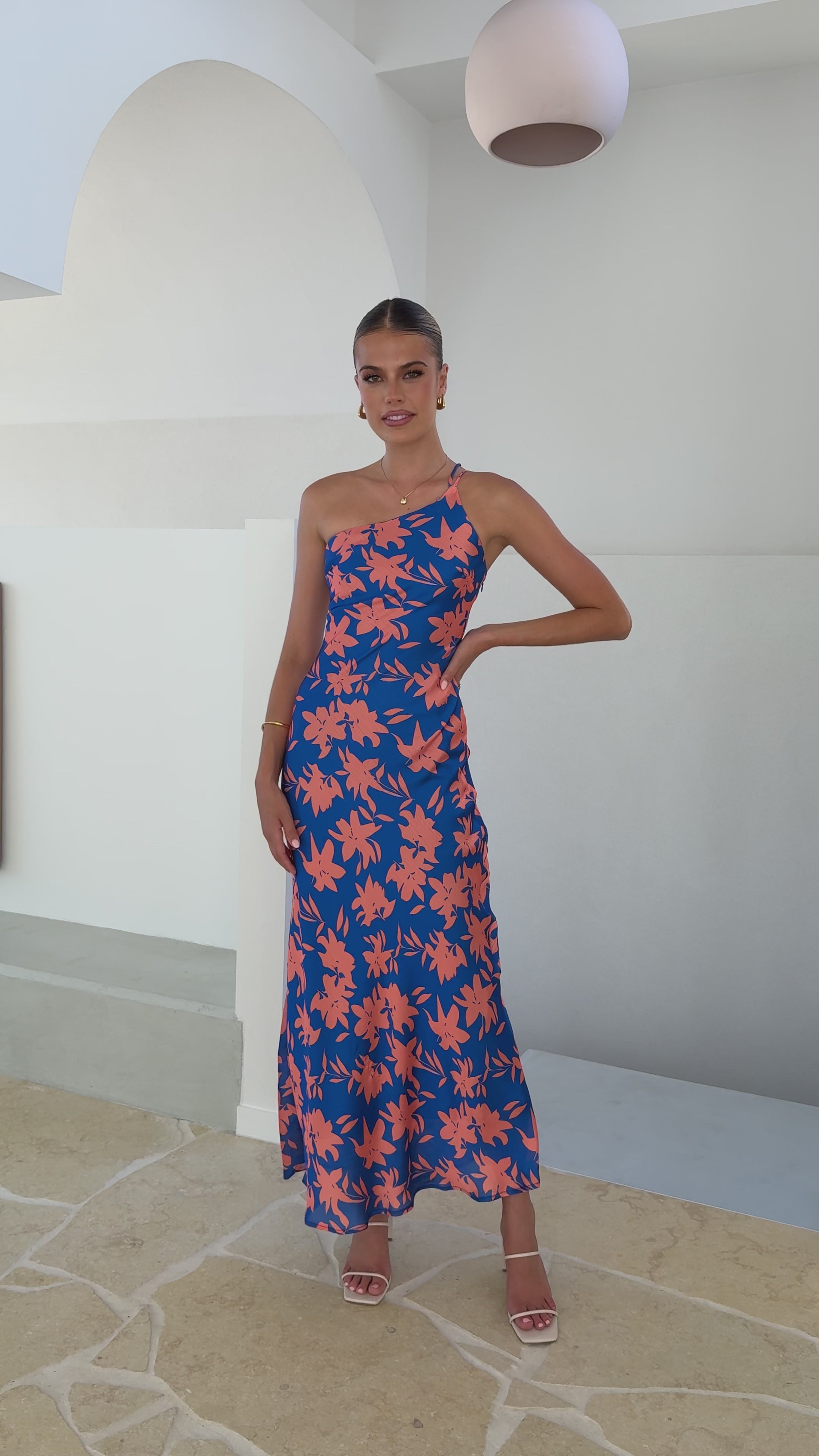 Load video: Verity One Shoulder Maxi Dress - Orange/Blue Floral - Billy J