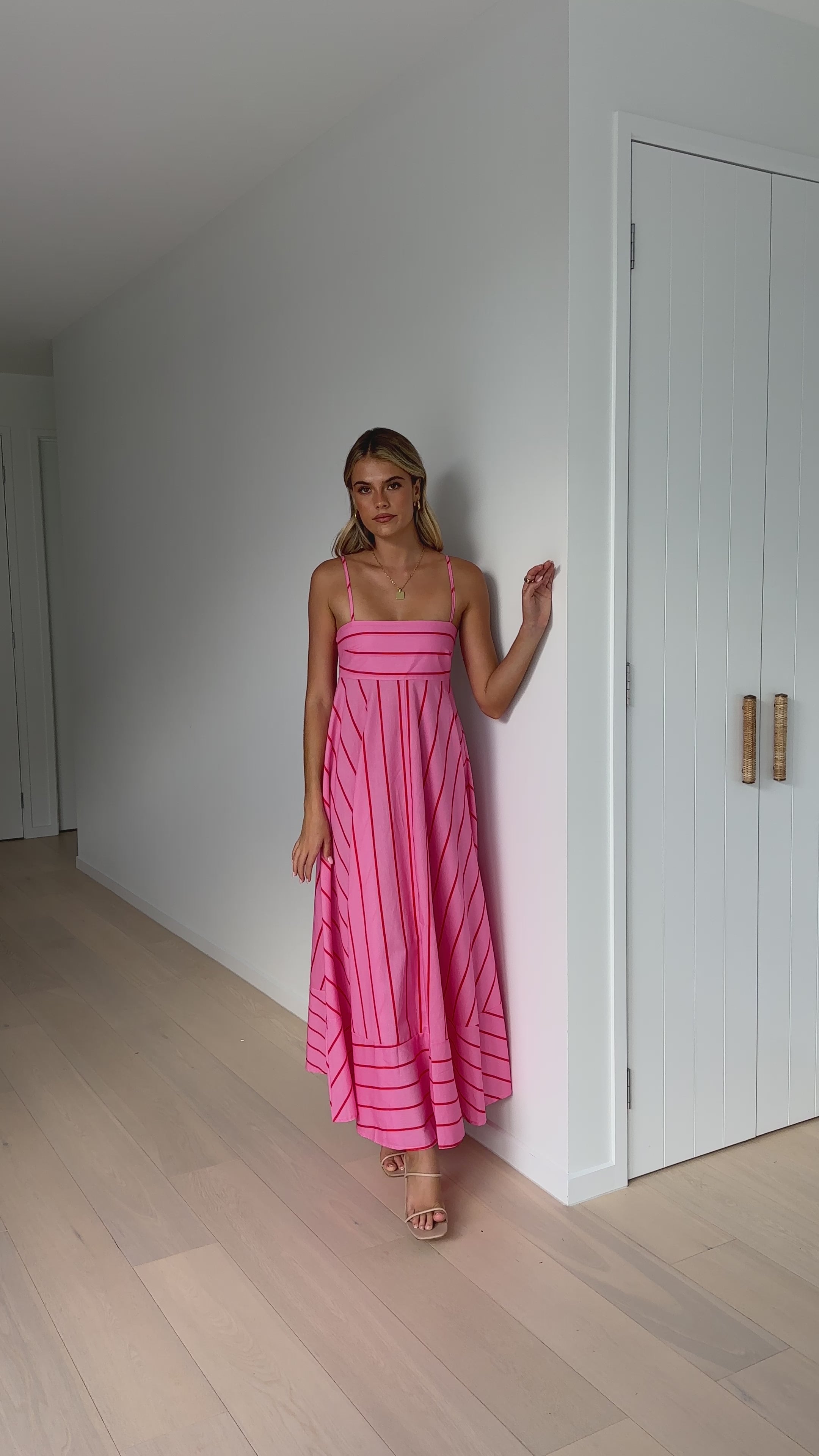 Load video: Kaethe Maxi Dress - Pink / Red Stripe - Billy J