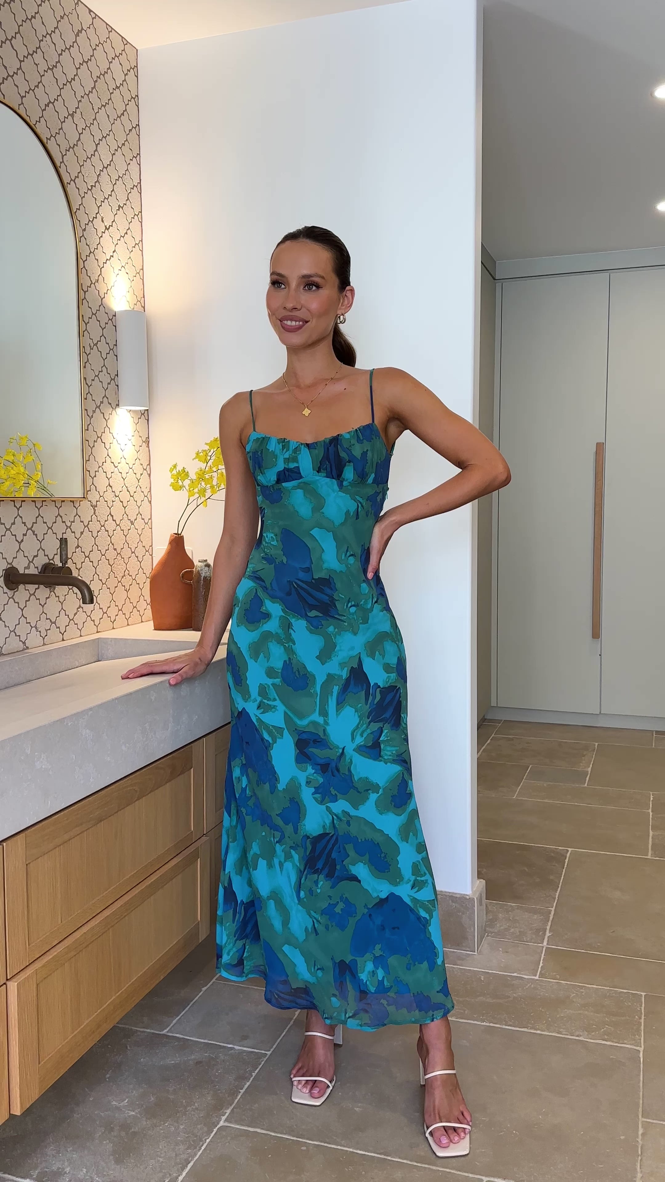 Load video: Margie Midi Dress - Blue/Green Floral - Billy J