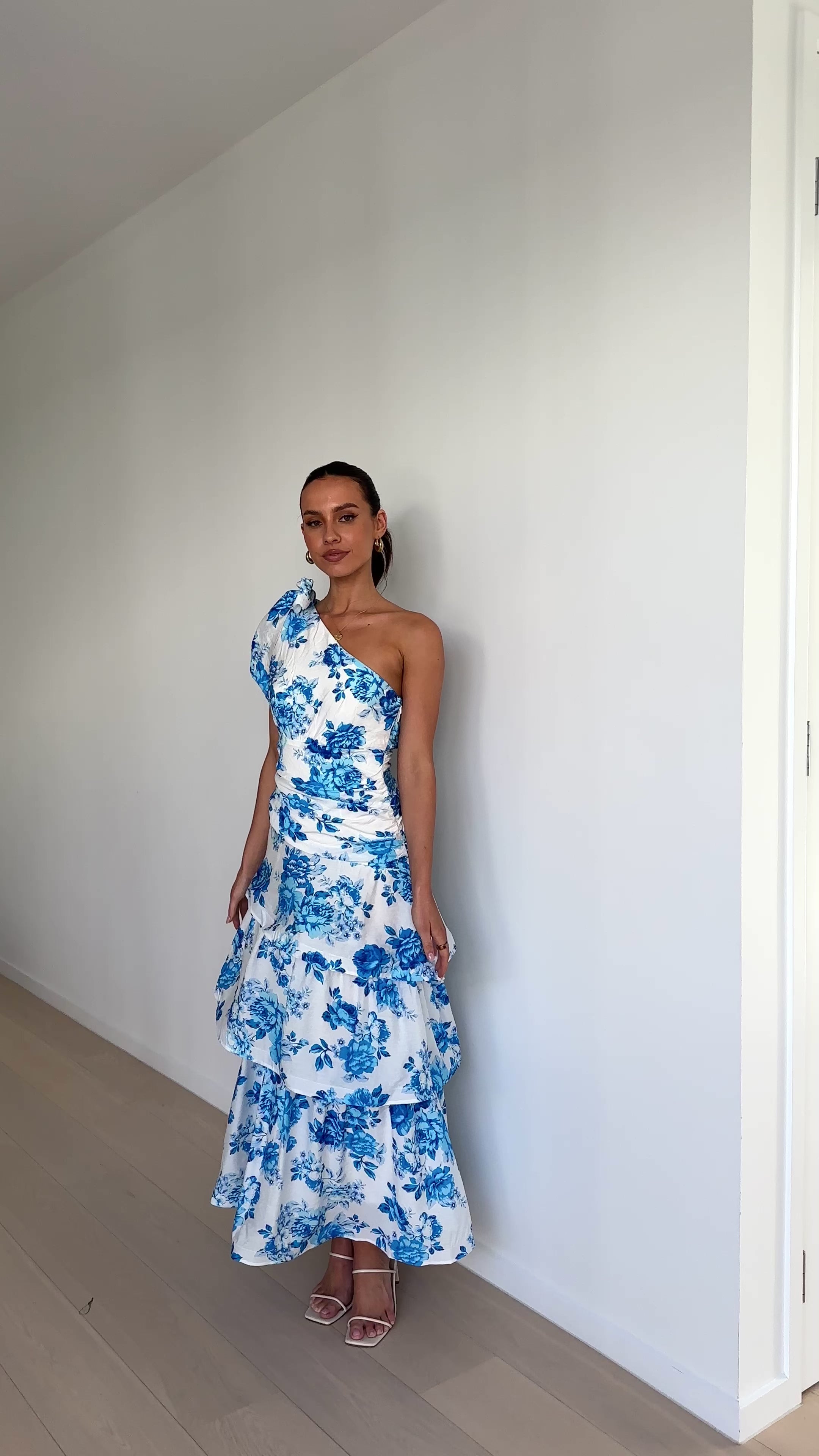 Load video: Odilie One Shoulder Maxi Dress - Blue Floral - Billy J