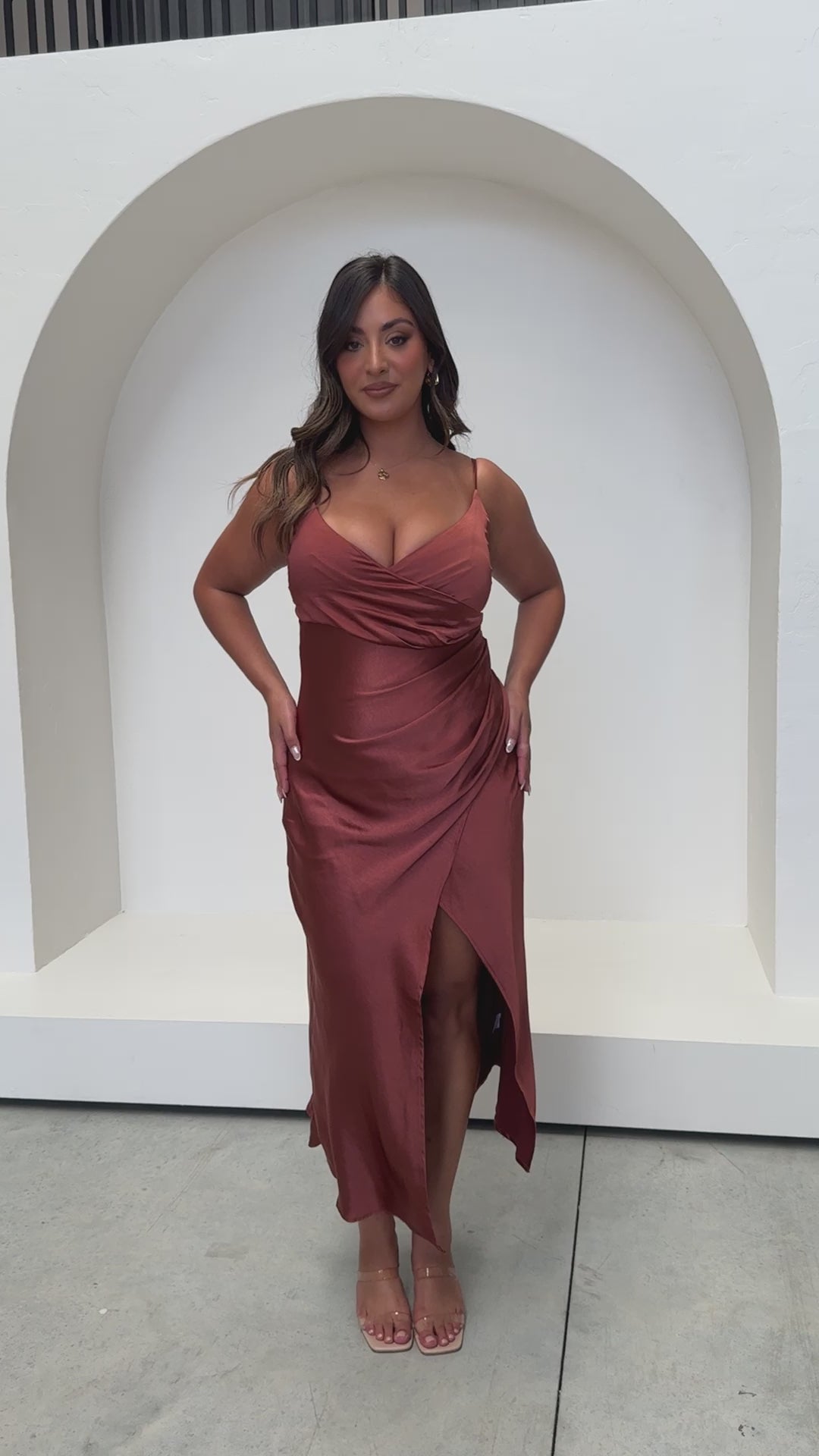 Load video: Elsa Midi Dress - Rust - Billy J