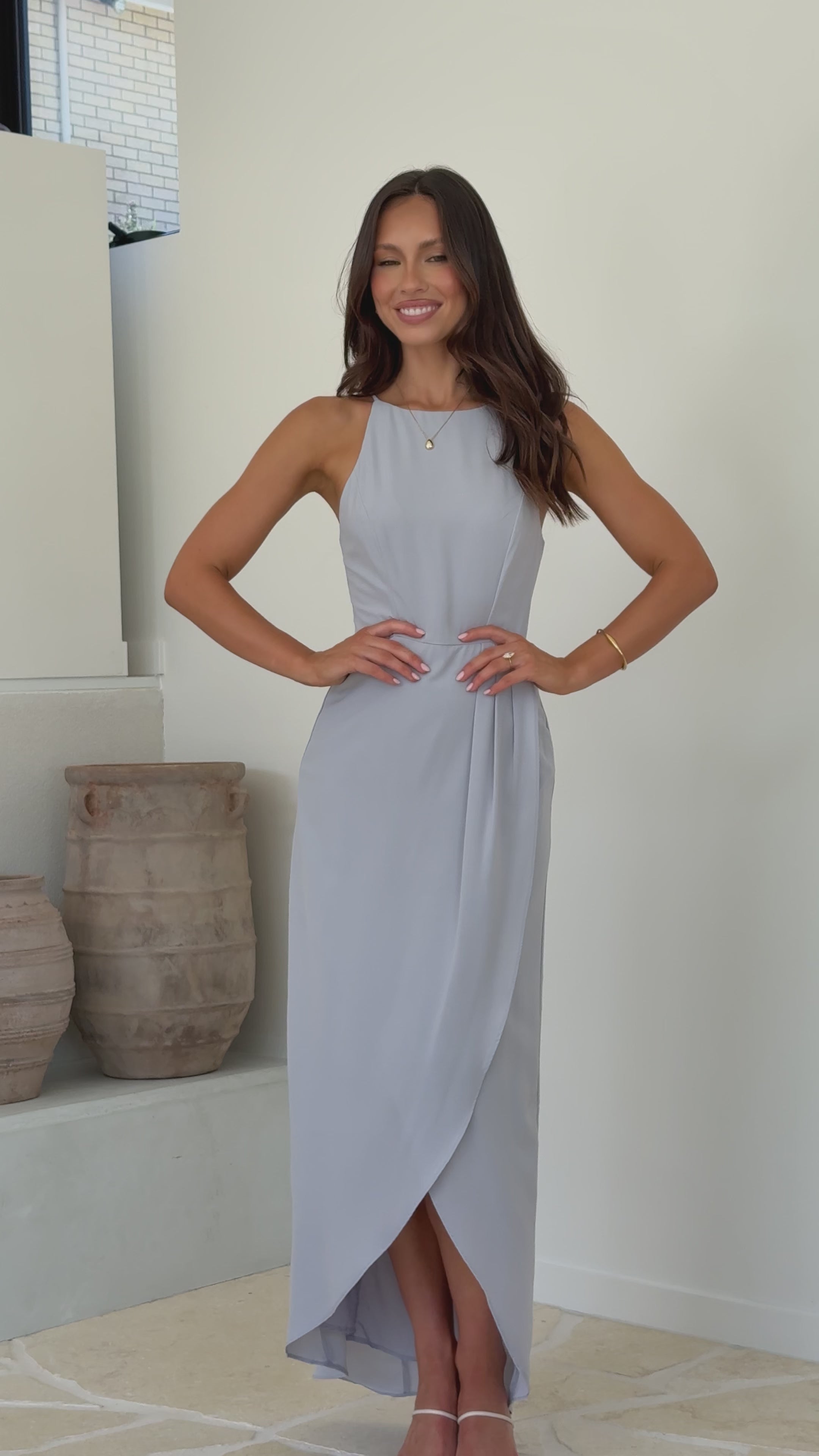 Load video: Genevieve Boat Neck Maxi Dress - Light Grey - Billy J