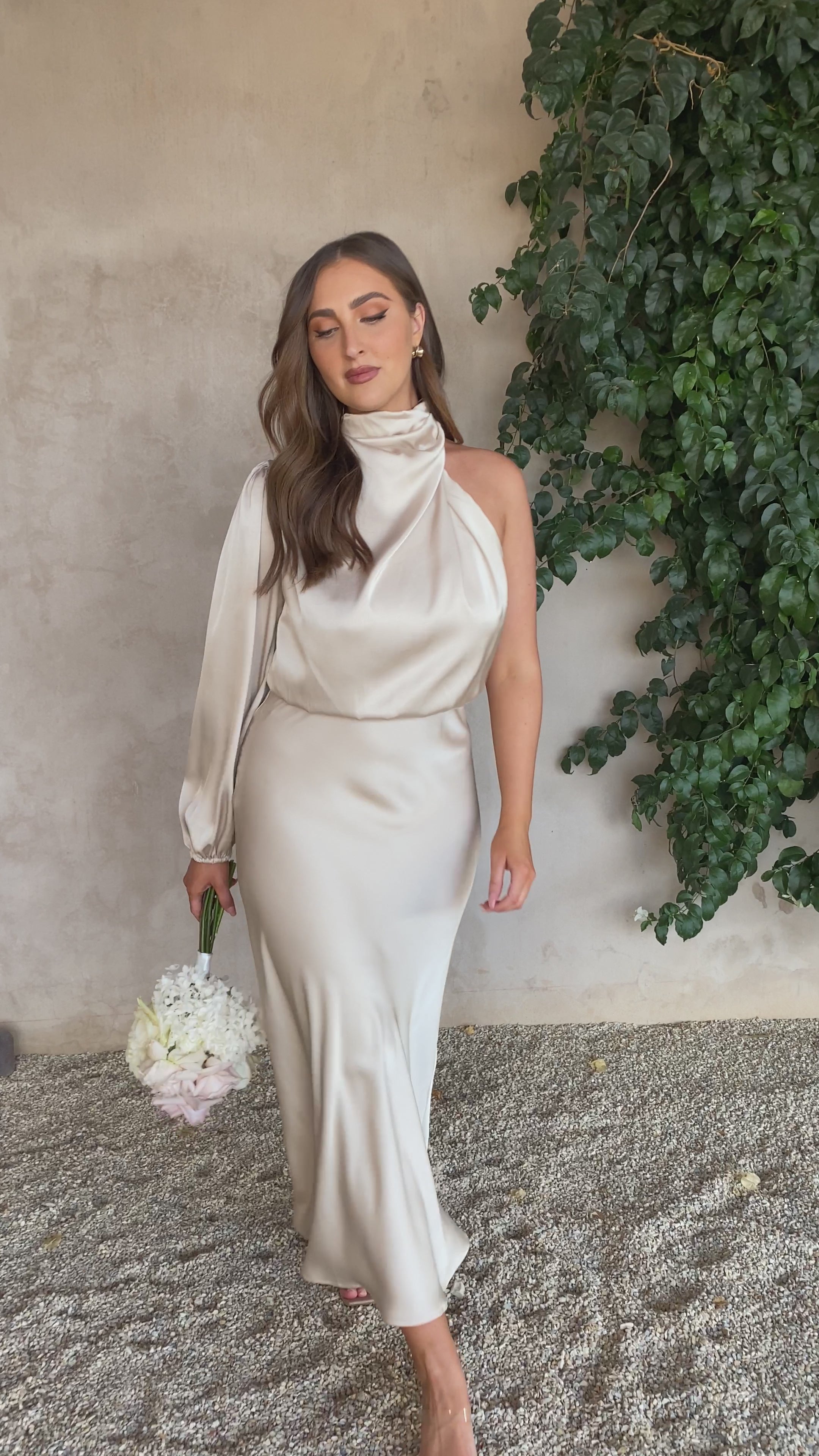 Load video: Esther One Shoulder Long Sleeve Dress - Champagne - Billy J