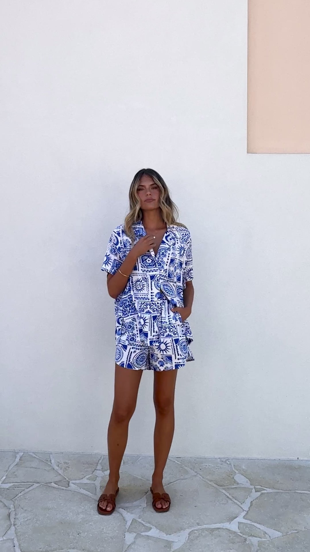 Load video: Cordelia Button Up Shirt and Short Set - Yasmin Blue - Billy J