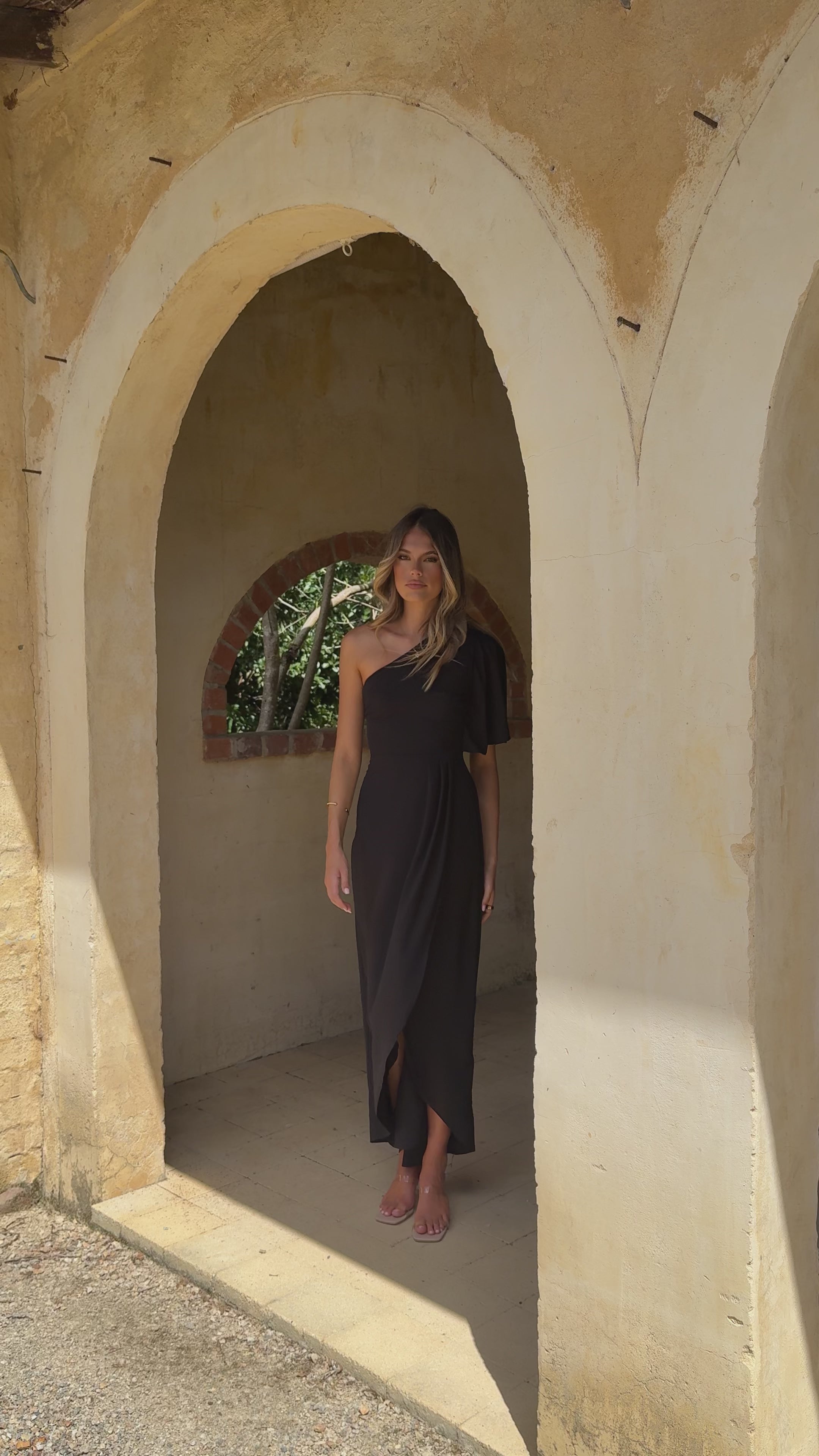 Load video: Emma One Sleeve Maxi Dress - Black - Billy J