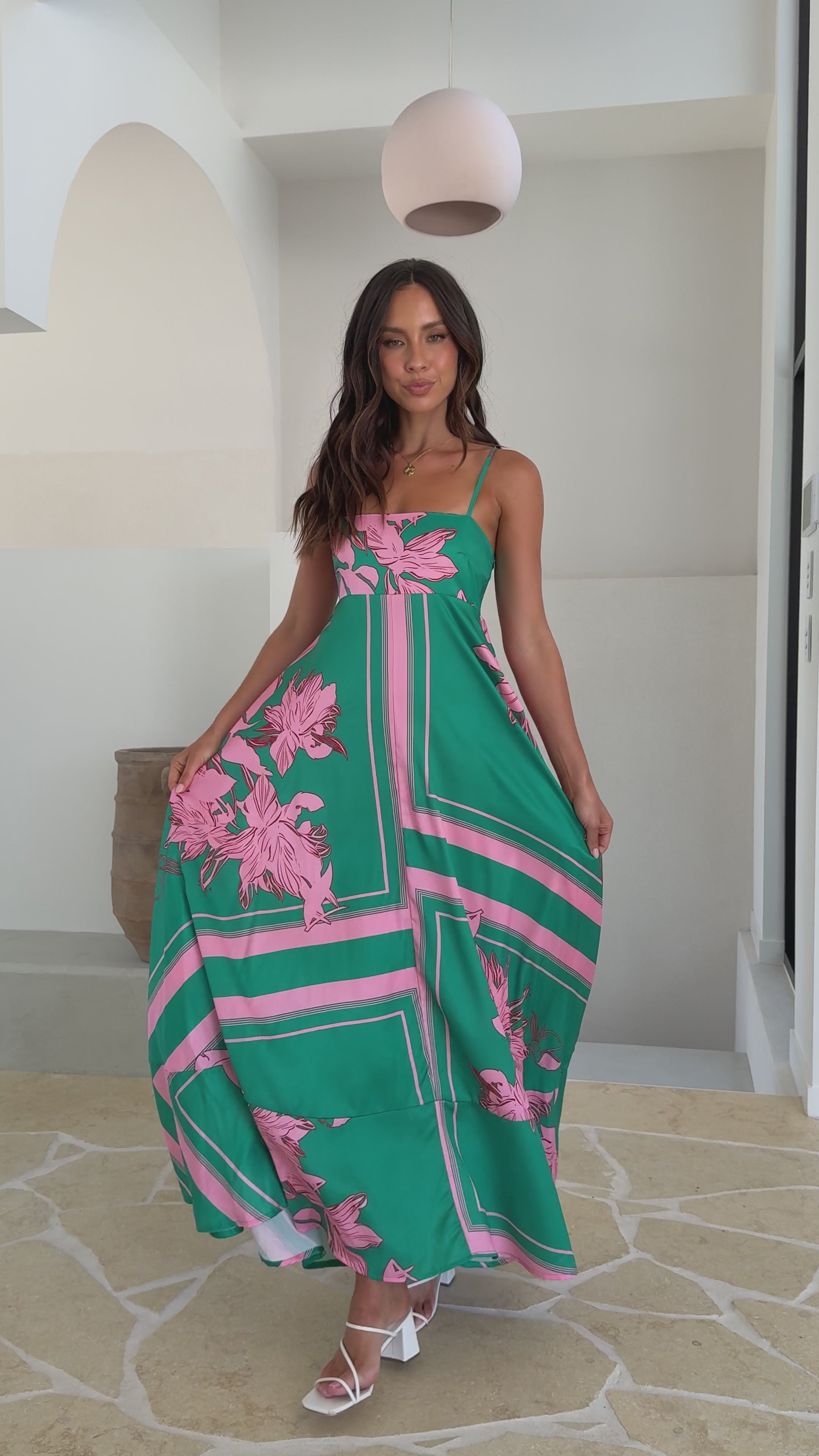 Load video: Kaethe Maxi Dress - Green/Pink Floral - Billy J