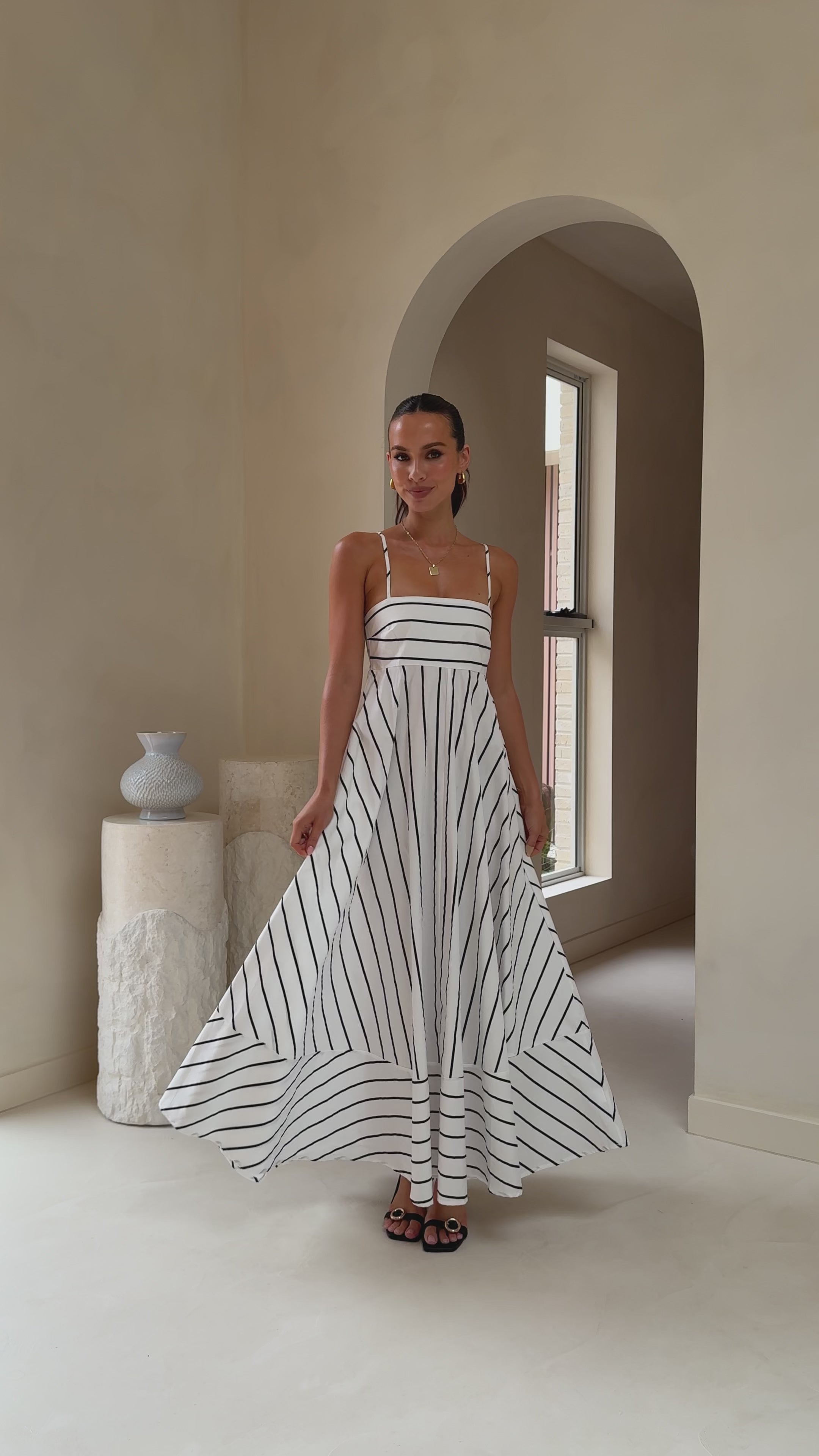 Load video: Kaethe Maxi Dress - White/Black Stripe - Billy J