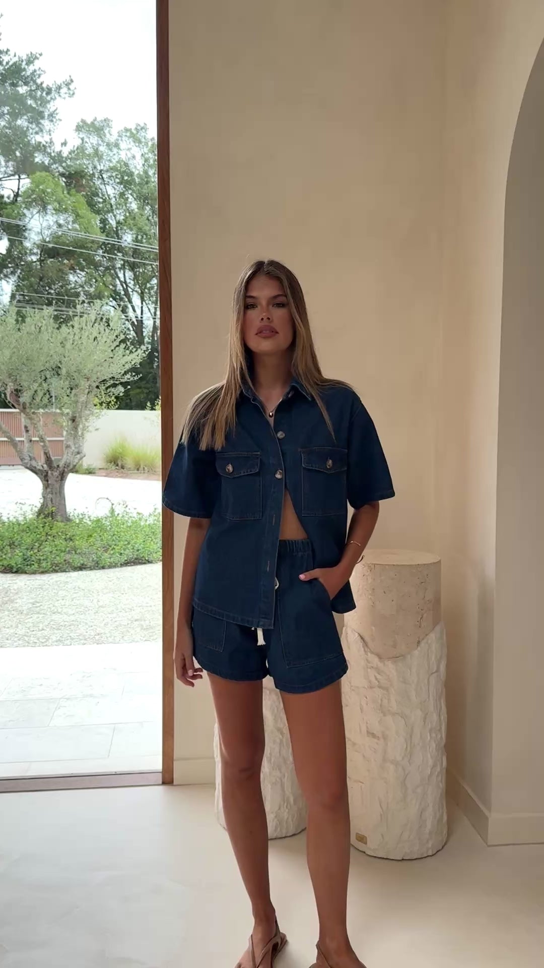 Load video: Loretta Button Up Shirt and Shorts Set - Dark Denim - Billy J