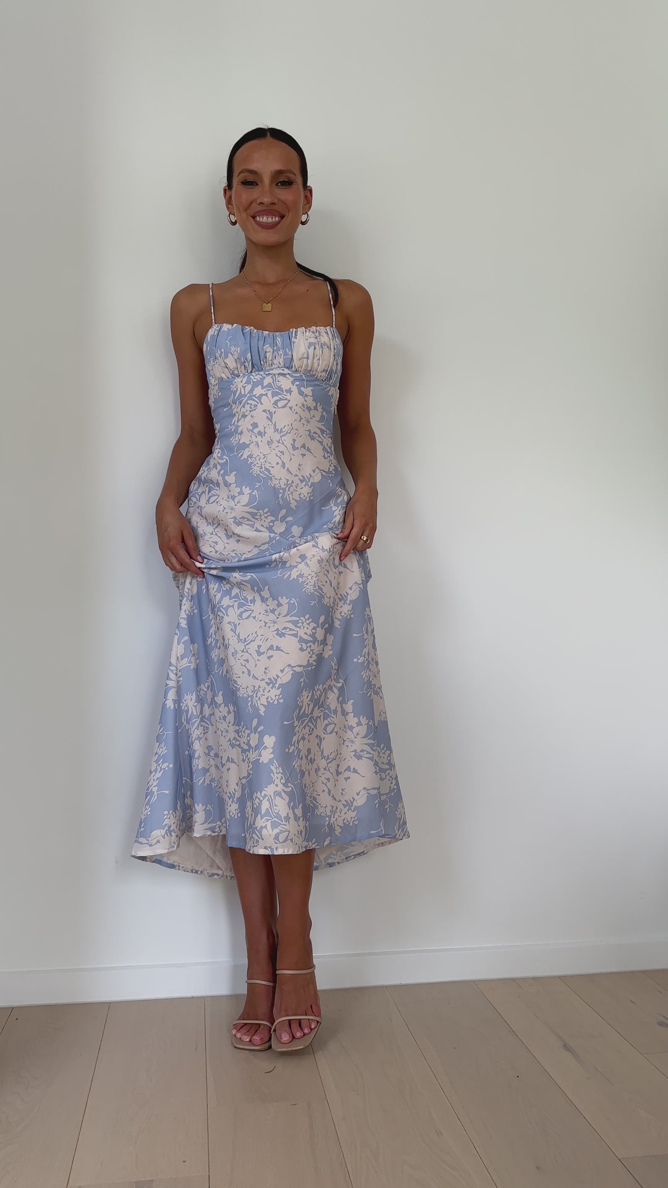 Load video: Margie Midi Dress - Blue / White Floral - Billy J