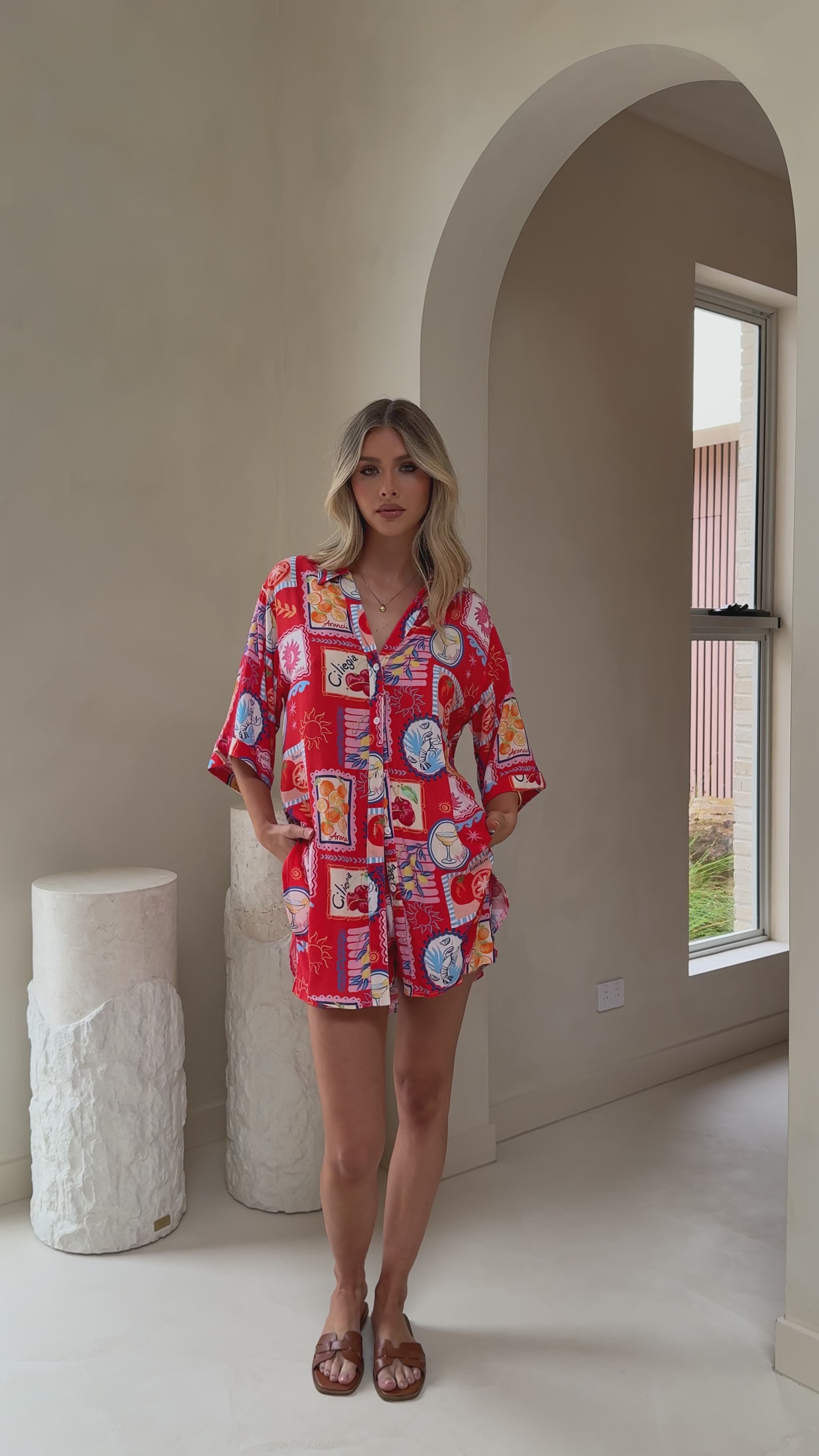 Load video: Aria Button Up Shirt and Short Set - Travel Tales Red - Billy J