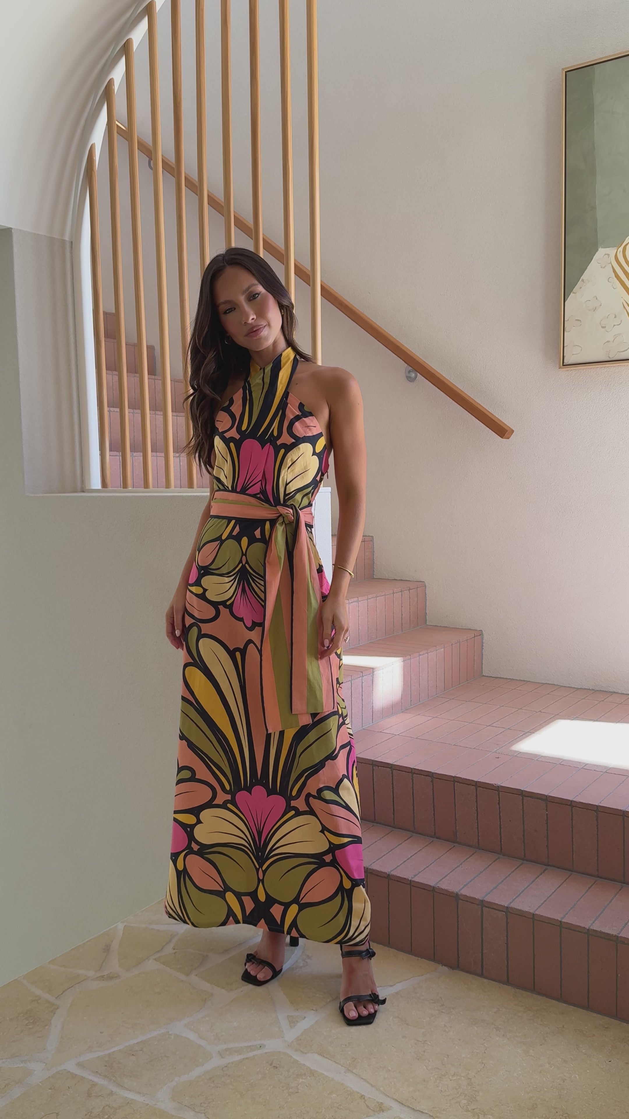 Load video: Portugal Twist Halter Maxi Dress - Melon - Billy J