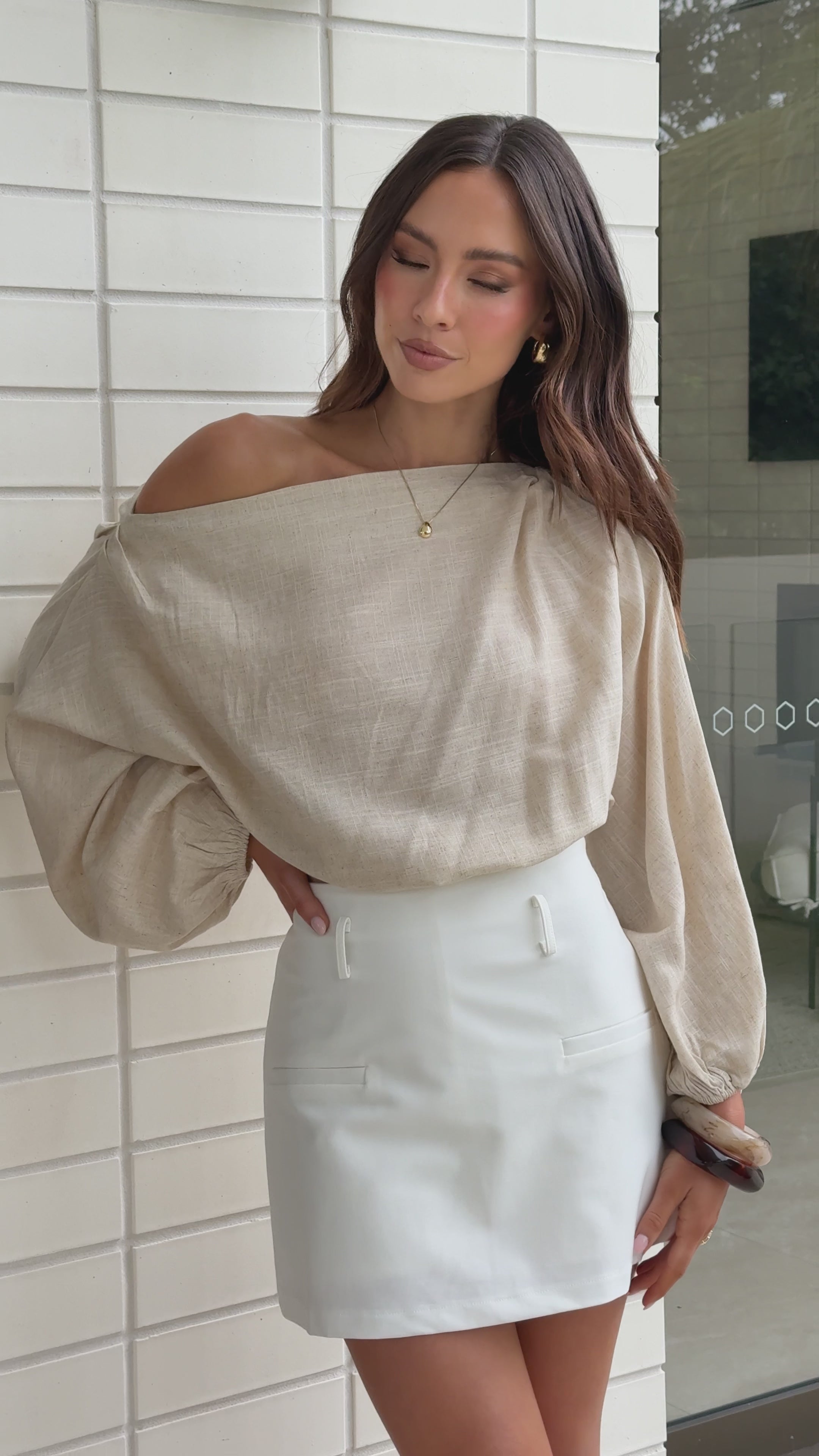 Load video: Katara Off Shoulder Top - Natural - Billy J