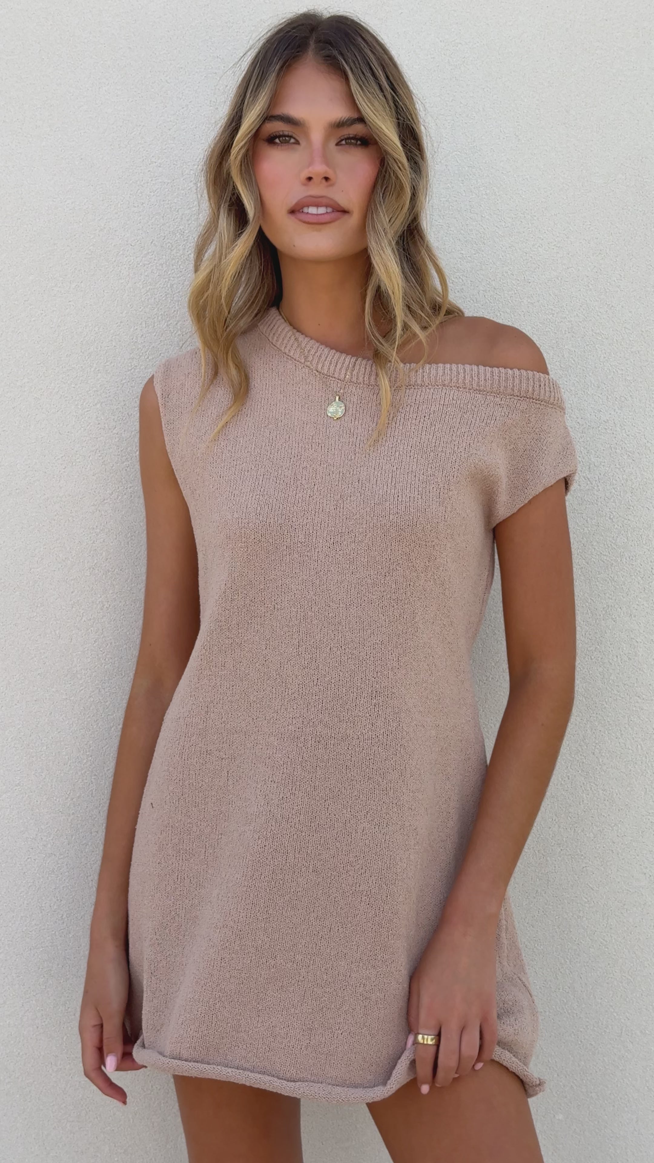 Load video: Robin Off Shoulder Mini Dress - Taupe - Billy J