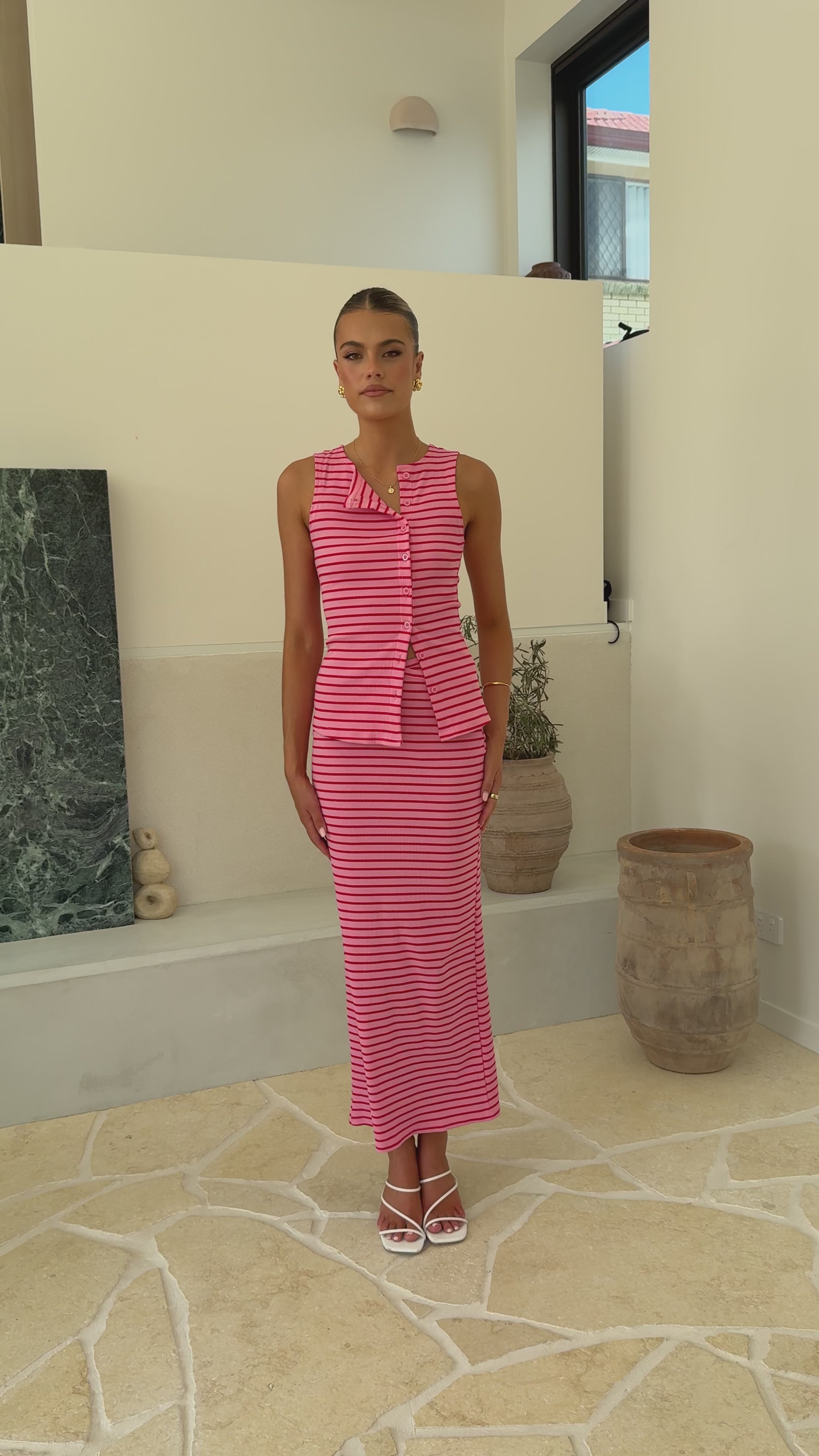 Load video: Rahela Button Top and Maxi Skirt Set - Pink/Red Stripe - Billy J
