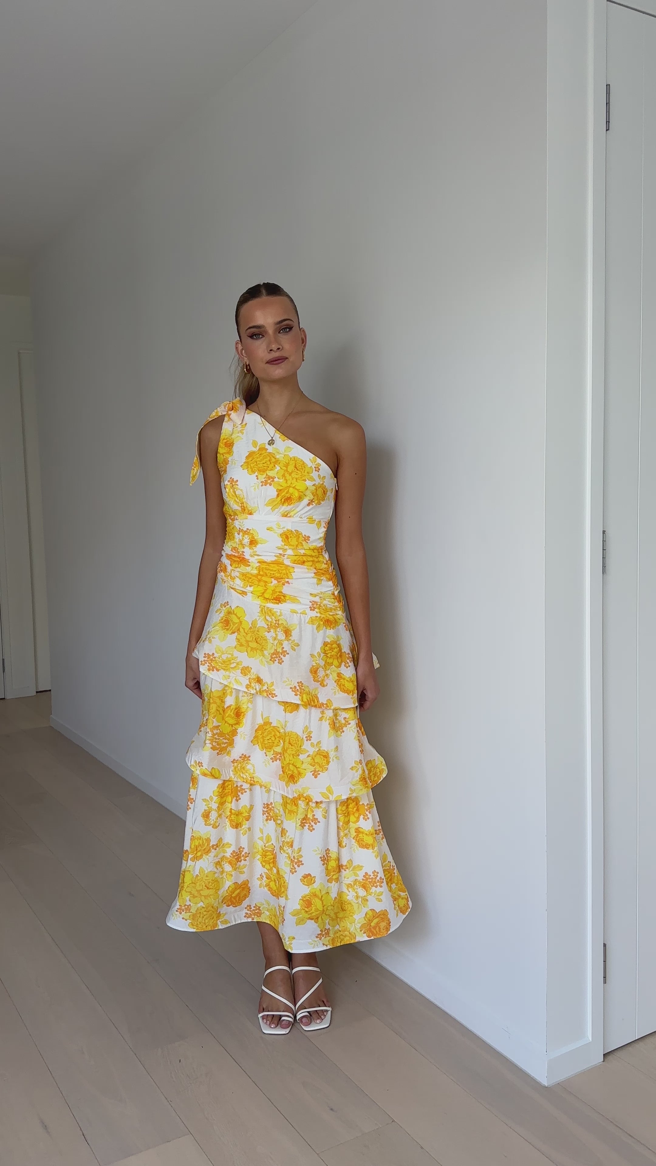 Load video: Odilie One Shoulder Maxi Dress - Yellow Floral - Billy J