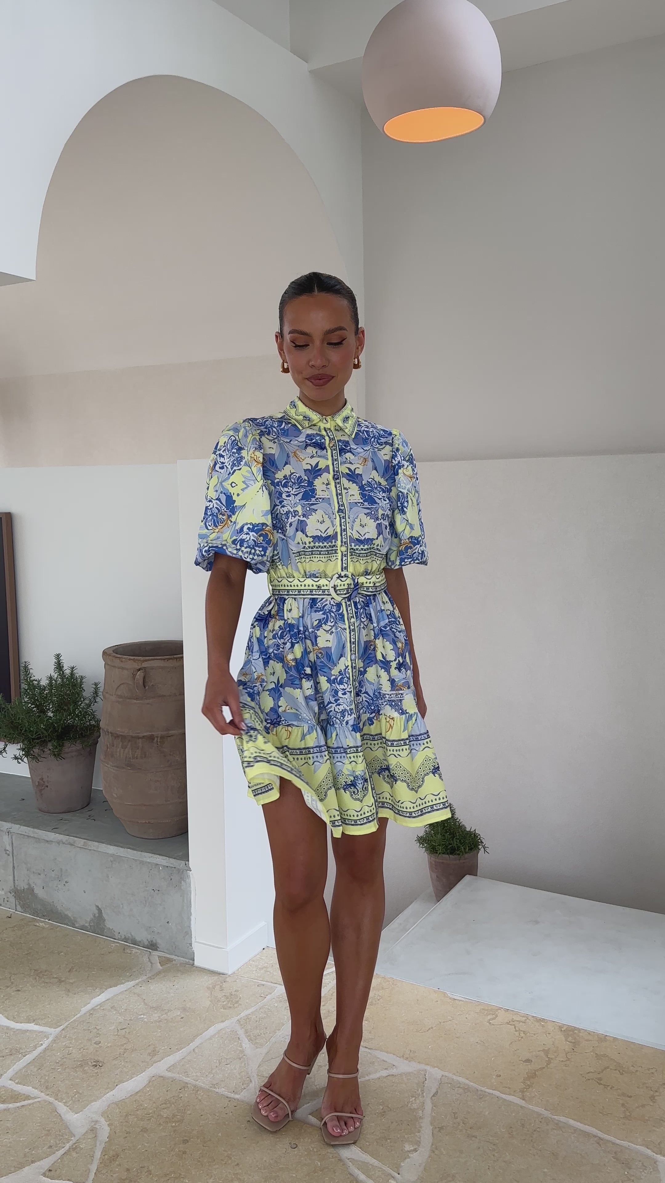 Load video: Kalliope Mini Dress - Blue/Yellow - Billy J