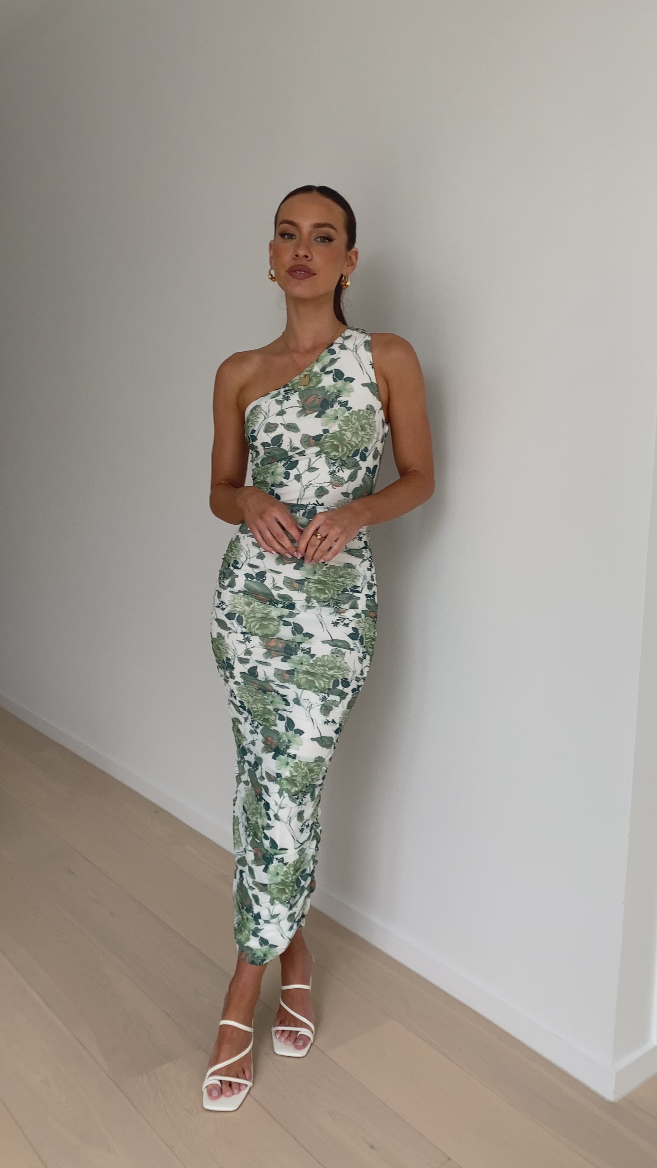 Load video: Natalia Midi Dress - Dark Green Floral - Billy J