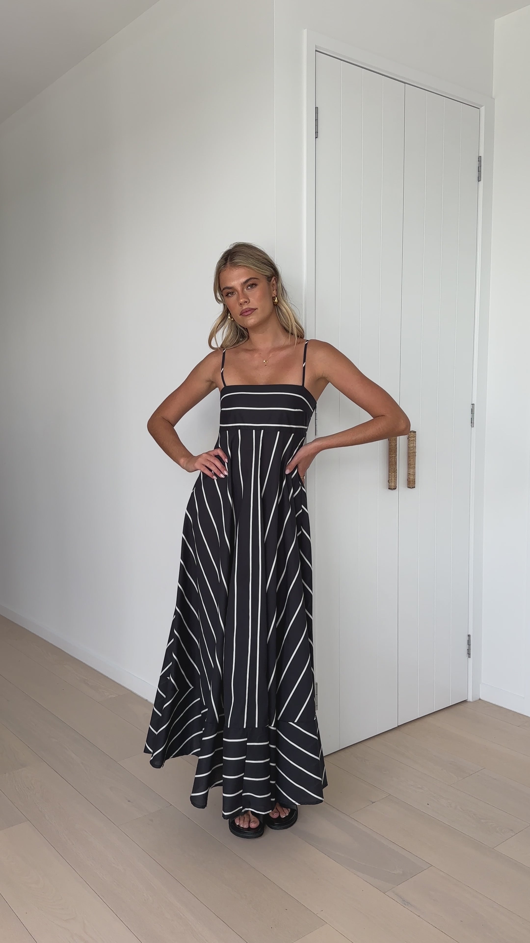 Load video: Kaethe Maxi Dress - Black / White Stripe - Billy J