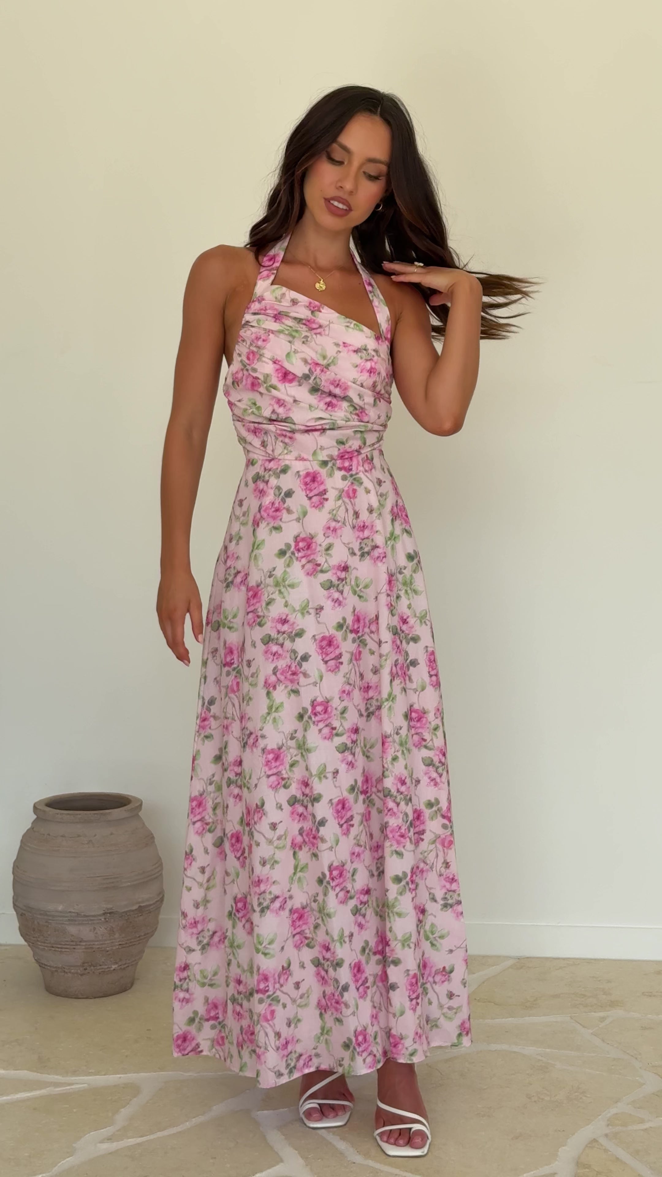 Load video: Sharya Halter Neck Maxi Dress - Pink Floral - Billy J