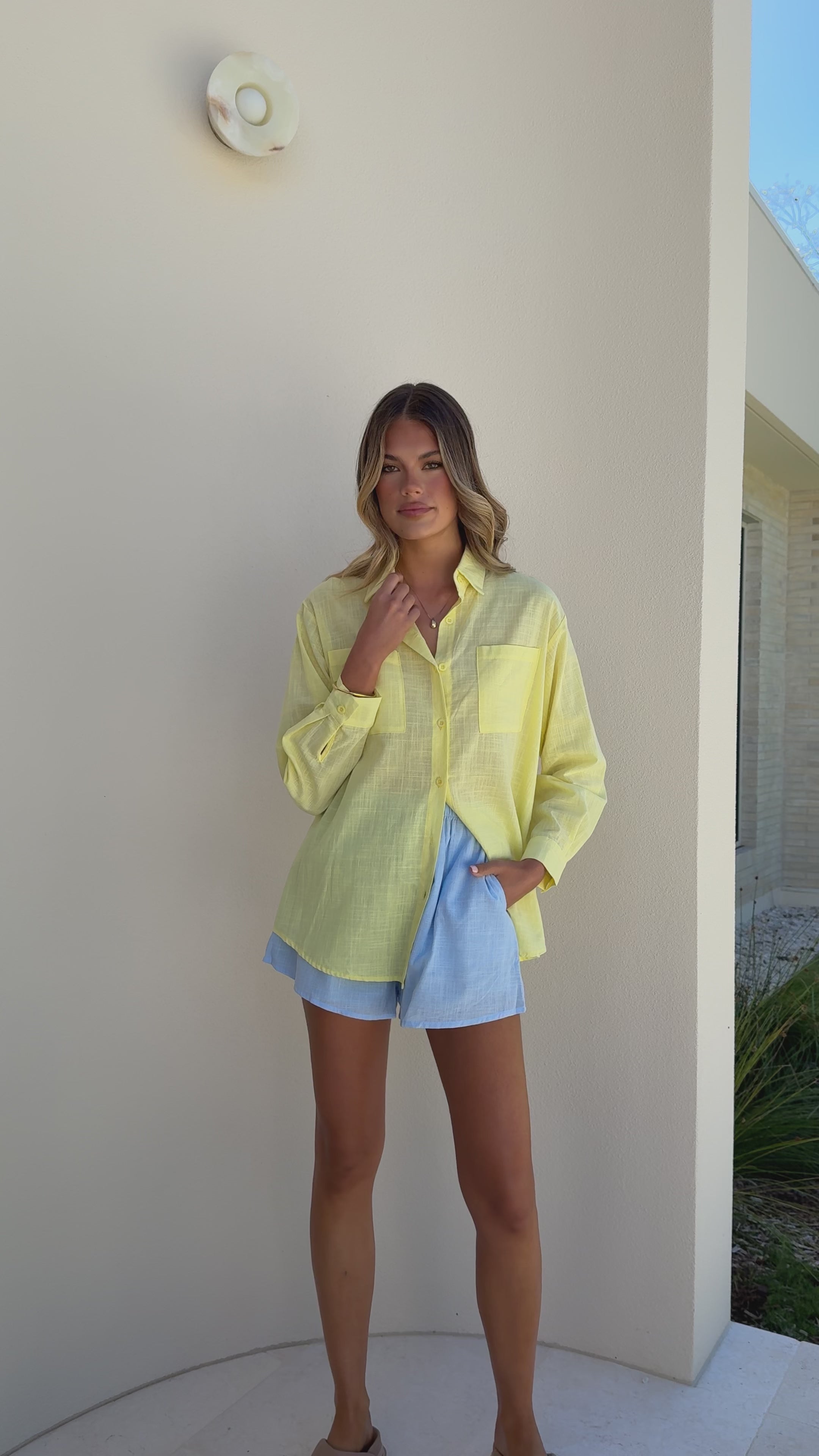 Load video: Jamie Long Sleeve Top and Shorts Set - Yellow/Blue - Billy J