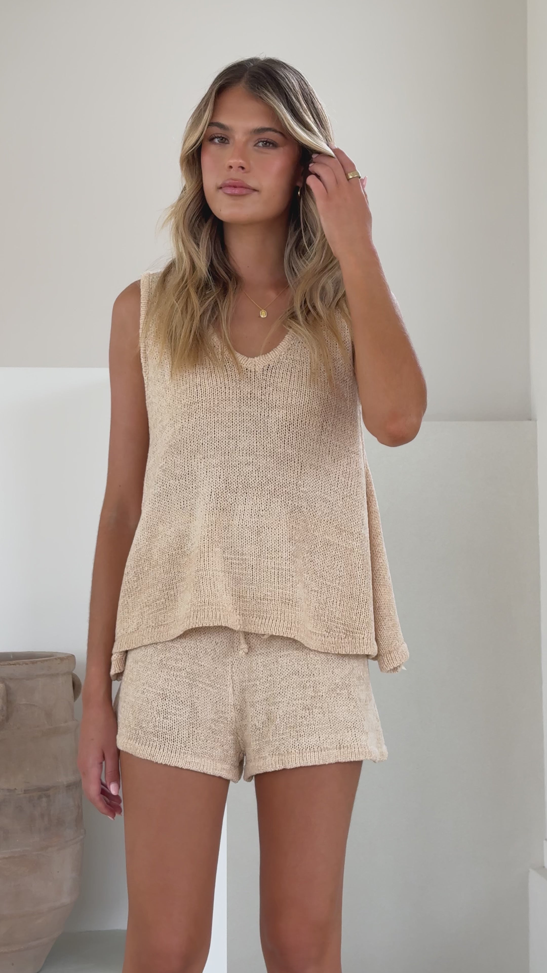 Load video: Summer Knit Top and Shorts Set - Natural - Billy J